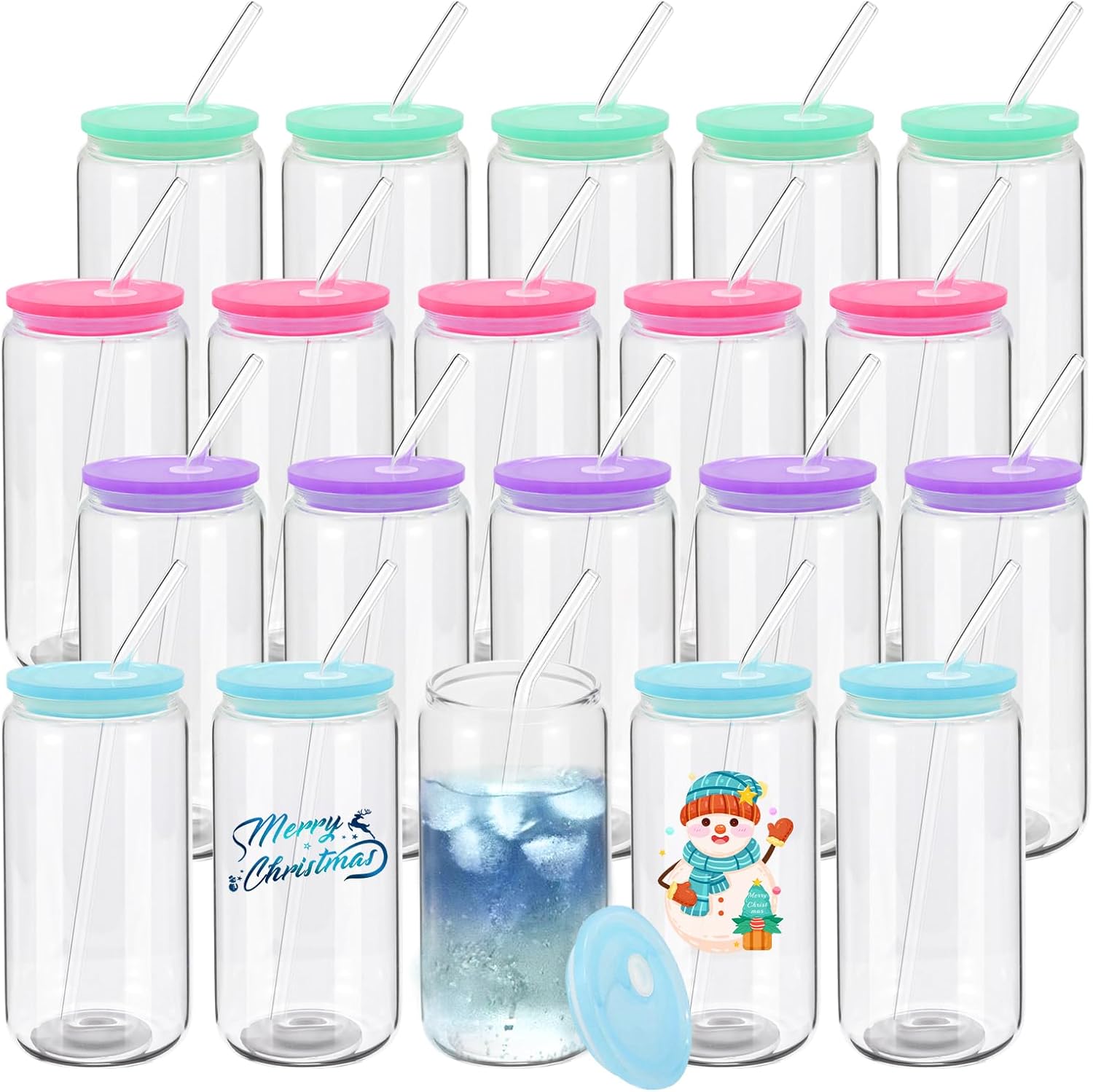 20 Pack Drinking Glass Cups with Acrylic Lids and Glass Straw Beer Can Shaped Drinking Glasses Cups, Glass Tumbler Reusable Cute Cups for Whiskey, Iced Coffee, Tea, Soda, Cocktail, Gift, Clear 16oz