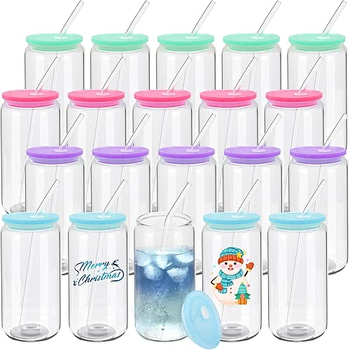 20 Pack Drinking Glass Cups with Acrylic Lids and Glass Straw Beer Can Shaped Drinking Glasses Cups, Glass Tumbler Reusable Cute Cups for Whiskey, Iced Coffee, Tea, Soda, Cocktail, Gift, Clear 16oz