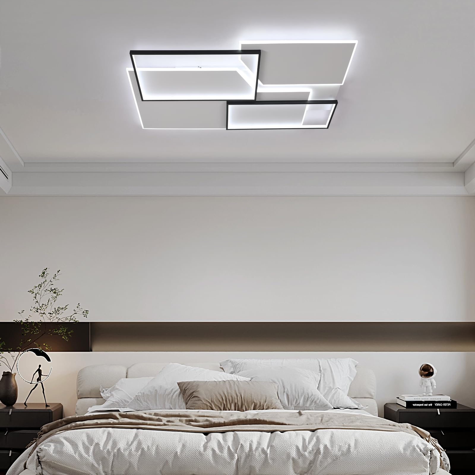 Lámpara de Techo LED 110CM, 80W 9000LM Plafón LED Regulable con Mando a Distancia, 3000K-6000K, Geometría Diseño Luz de Techo Moderna para Dormitorio, Sala de Estudio, Comedor, Negro y Blanco
