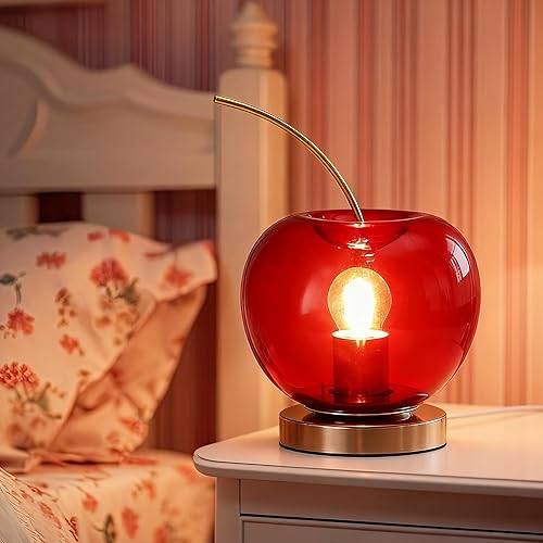 Miniatura 5 de Ganeen Lámpara de mesa con forma de cereza y fruta, pantalla de cristal con base de metal dorado, luz nocturna de escritorio para mesa de sala de