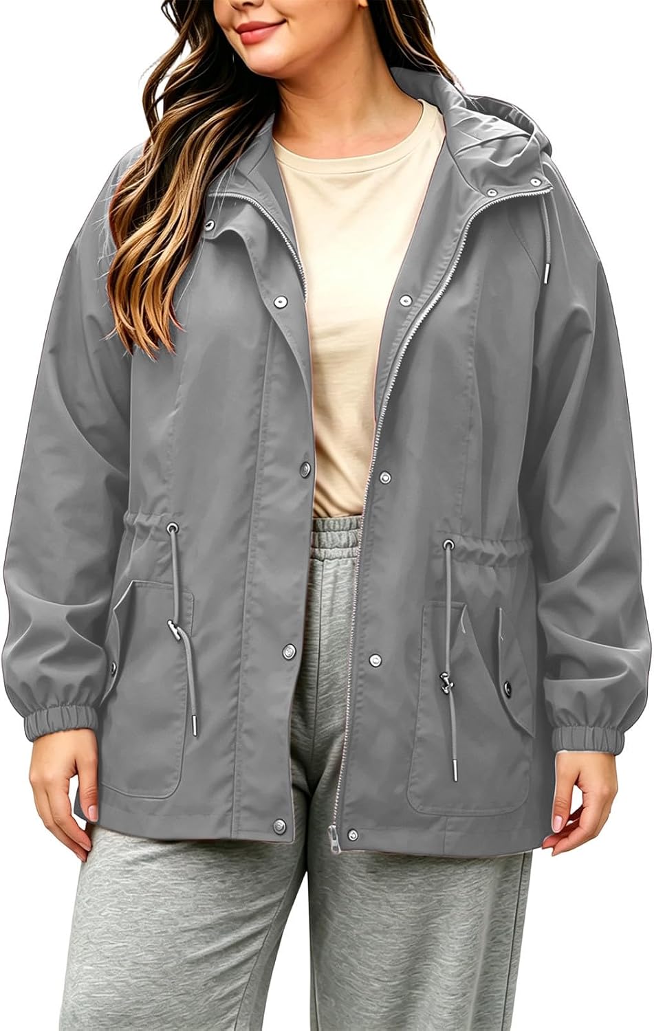 Plus Size Jacket for Women Hooded Zip Up Rain Coat with Drawstring | Women's Curvy Fit Windbreaker with Snap Button Placket, Kangaroo Pockets, Elastic Cuffs for Fall Travel Outdoor