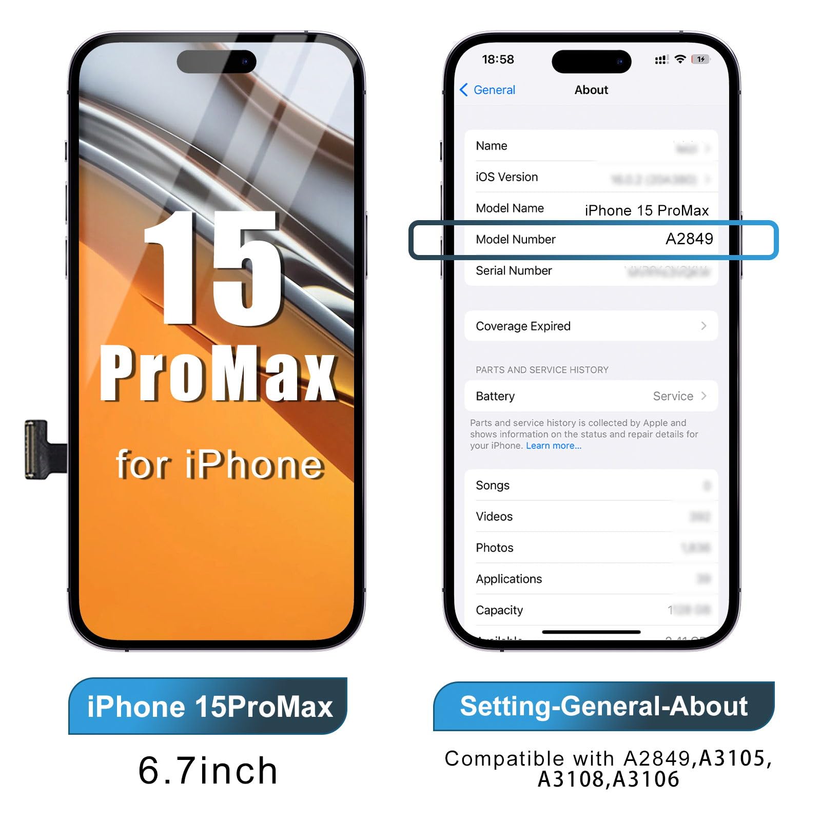 Dinow Pantalla para iPhone 15 Pro MAX, Pantalla LCD de 6.7” para iPhone 15 Pro MAX, Pantalla para iPhone 15 ProMax LCD de Repuesto con Kit de reparación, Compatible con el A3106, A2849, A3105, A3108