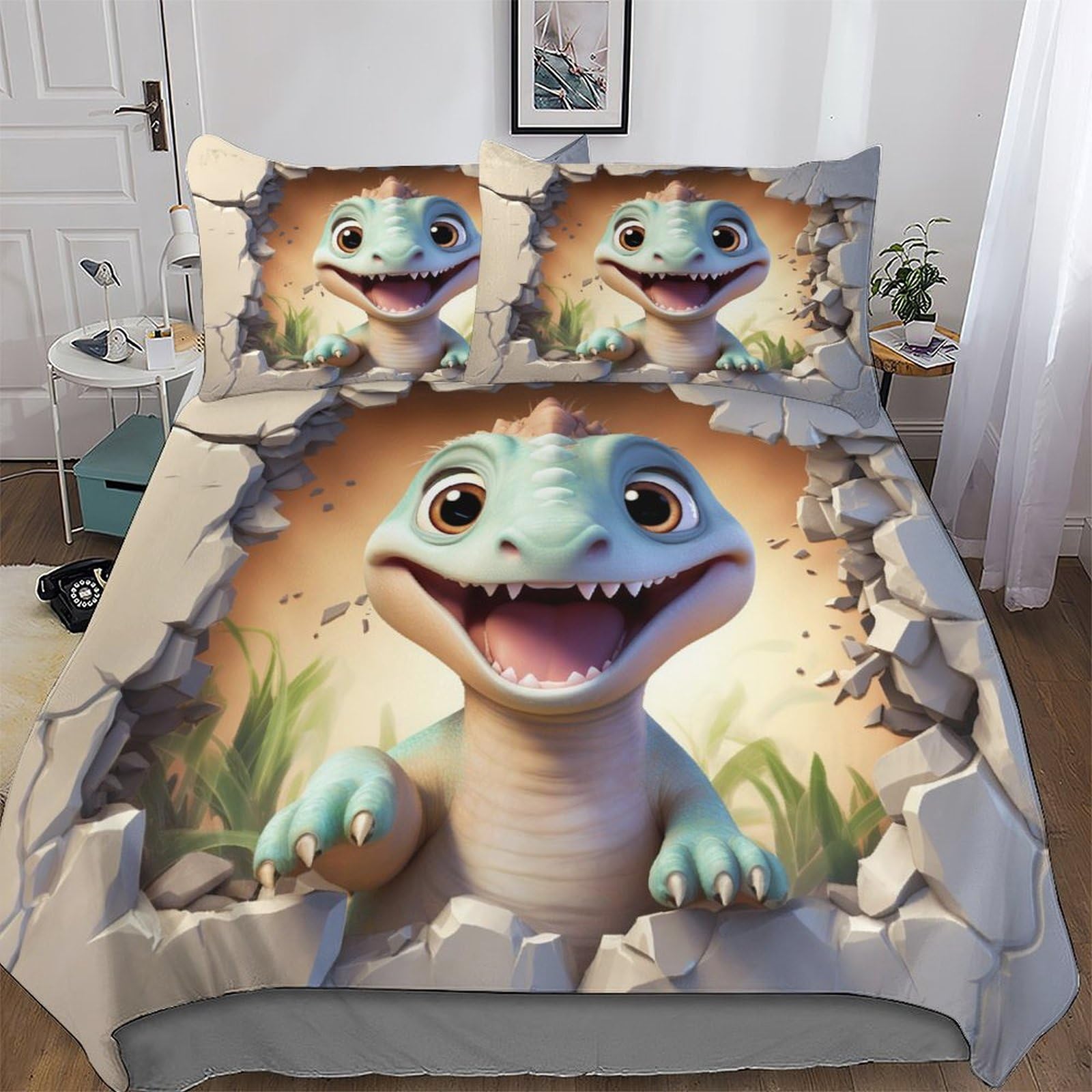 Parure de lit dinosaure 220x240 cm avec housse de couette 3 pièces en microfibre pour enfant