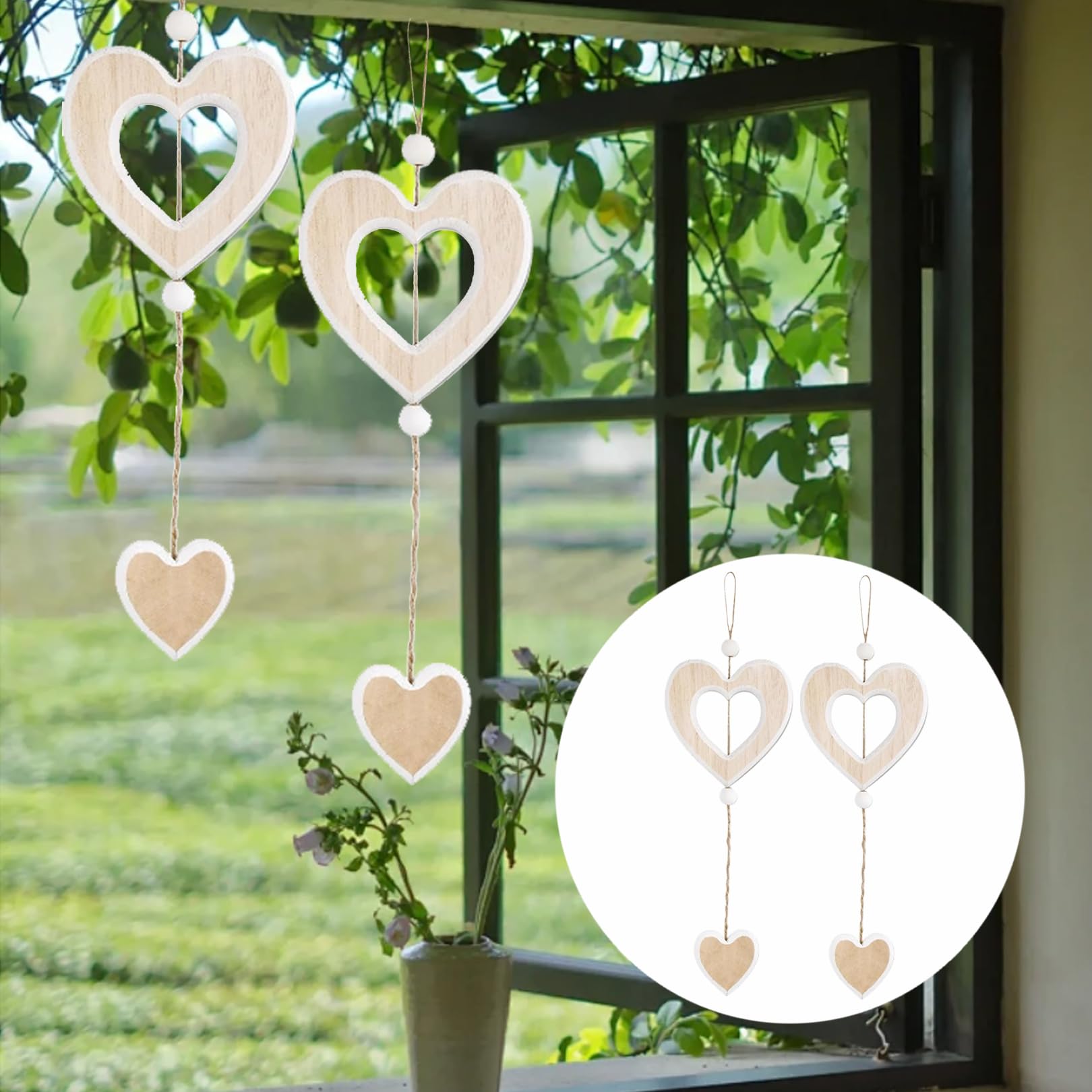 2 Stück Herz Deko Fenster zum Hängen, Fensterdeko Hängend Holz Hängedeko Fenster Anhänger, Fensterschmuck Hängend Frühlingsdeko, Boho Dekoherz Segenswunsch Fensterbrett Fensterdekoration (AA) Küche, Haushalt & Wohnen