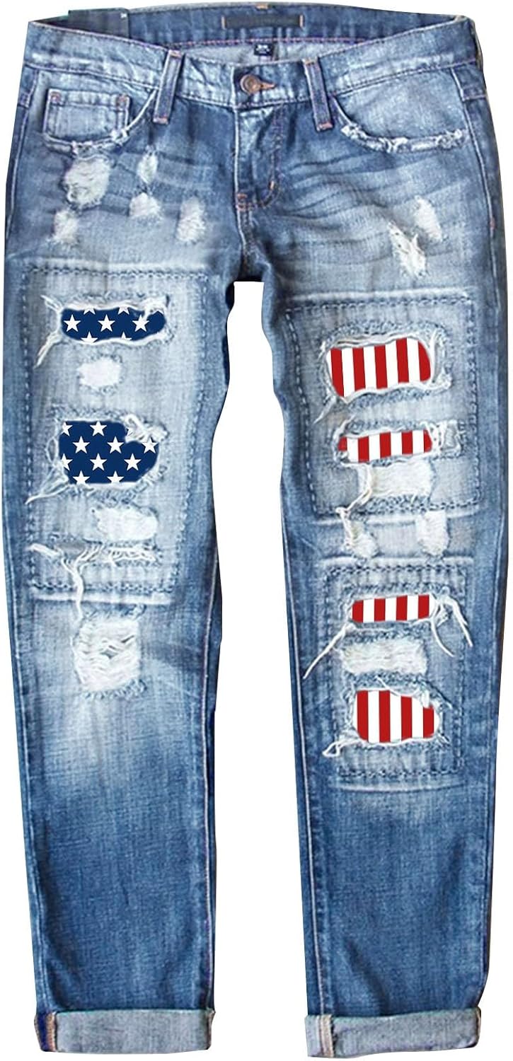 4th of July Ripped Jeans for Women USA Flag Star Striped Patch Cut Out Distressed Boyfriend Patriotic Denim Jeans