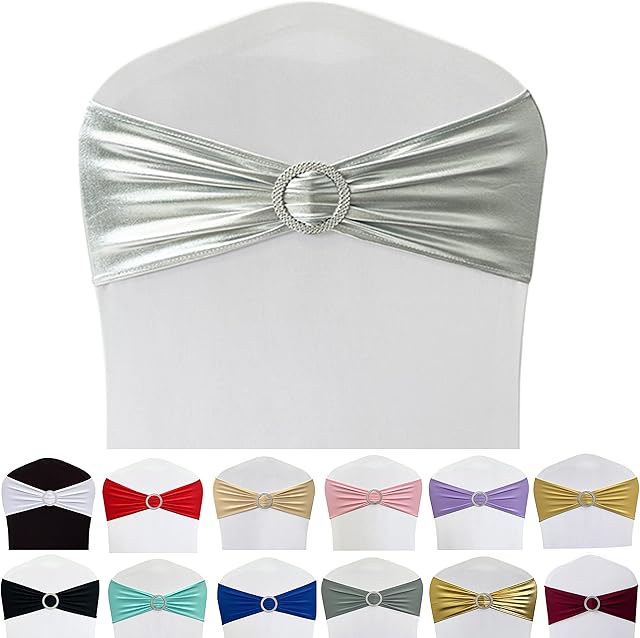 Maiangel Spandex Chair Sashes Bands 50PCS Stretch Chair Ties Bows with Buckle Slider for Wedding Party Banquet Decoration(Metallic Silver)