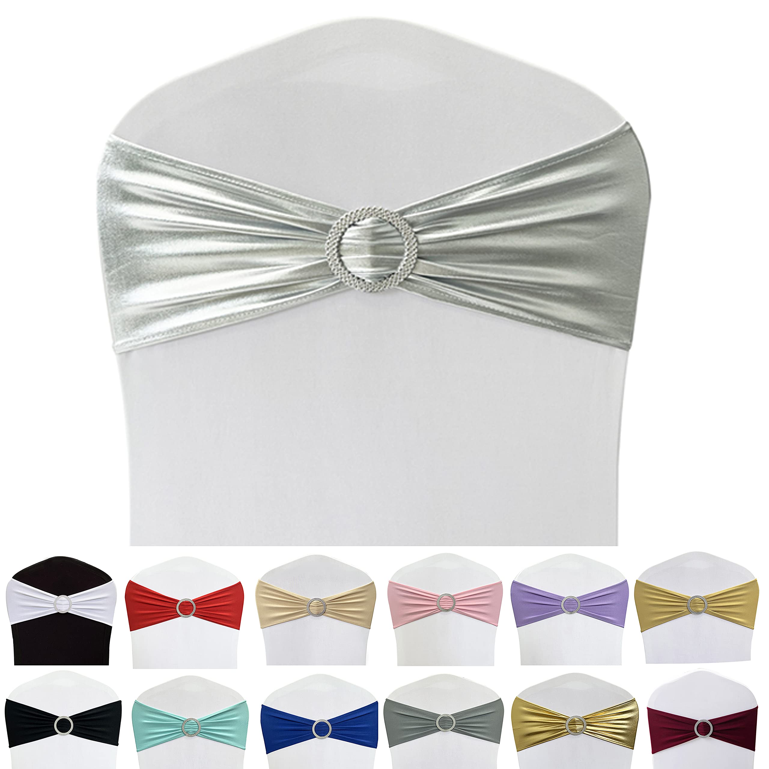 Spandex Chair Sashes Bands, Metallic Silver, 50PCS
