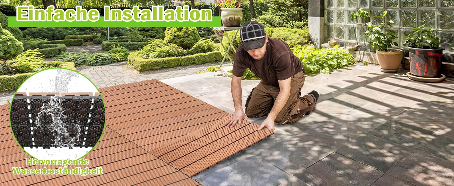 Płytki WPC 60 x 30 cm, 12 sztuk / 2 m², brązowe, płytki tarasowe, system na klik, płytki o wyglądzie drewna, płytki na klik, na taras, balkon, kolor: brązowy