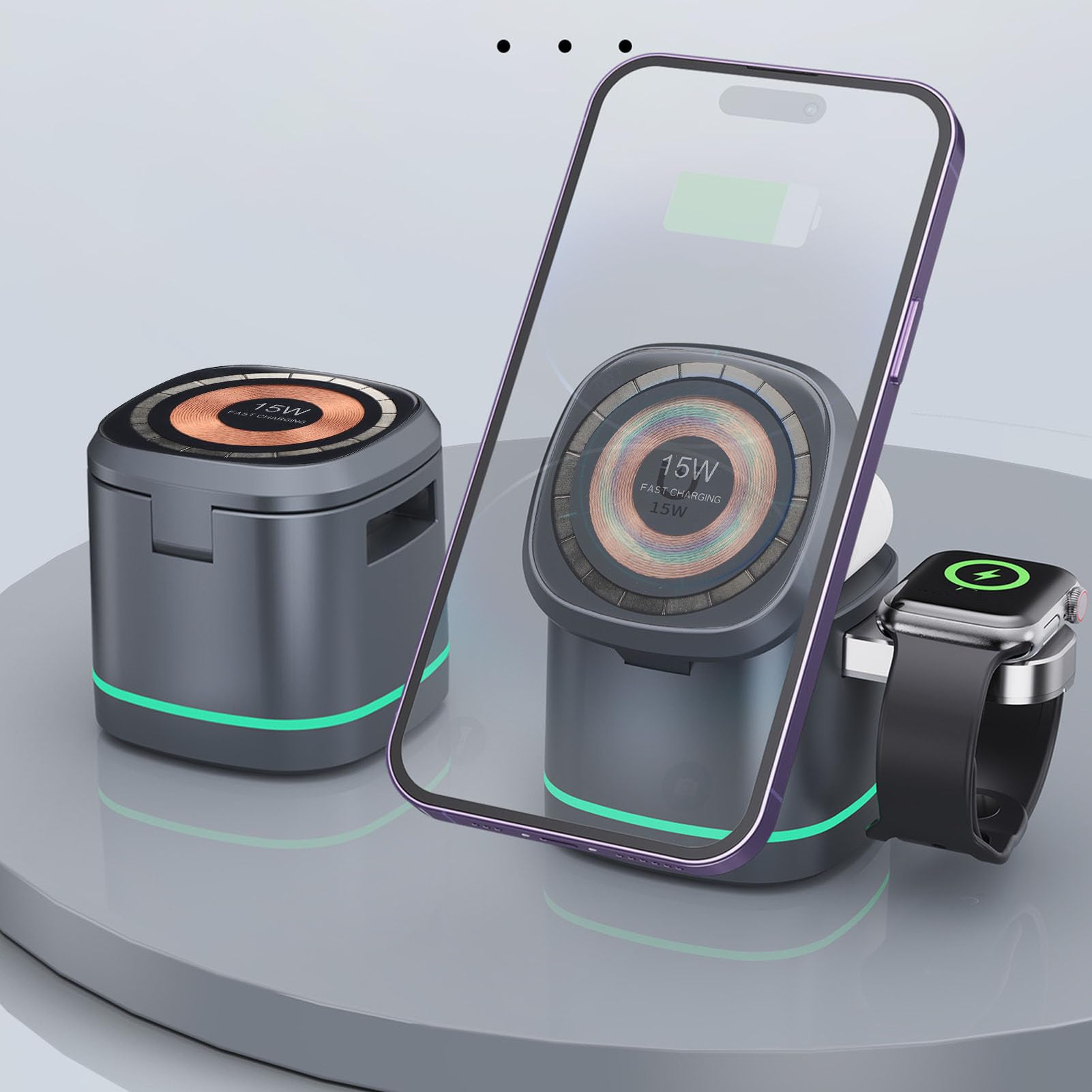 Syrisora Chargeur sans Fil Magnétique 15W, Station de Charge 3 en 1 pour Téléphone, Montre, écouteurs