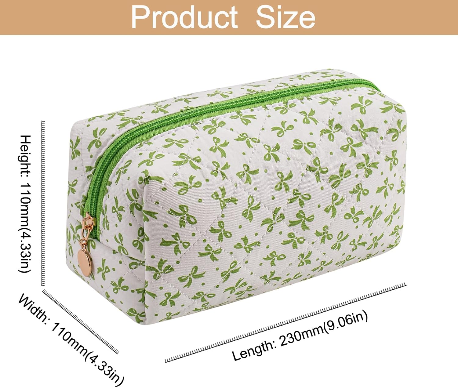 Cute Floral Cotton Makeup Bag, Quilted Makeup Bag for Women Girls, Travel Floral Cosmetic Bag Zipper Make Up Pouch, Flowers Toiletry Organizer Bag (Green/Green Bowknot) image 3