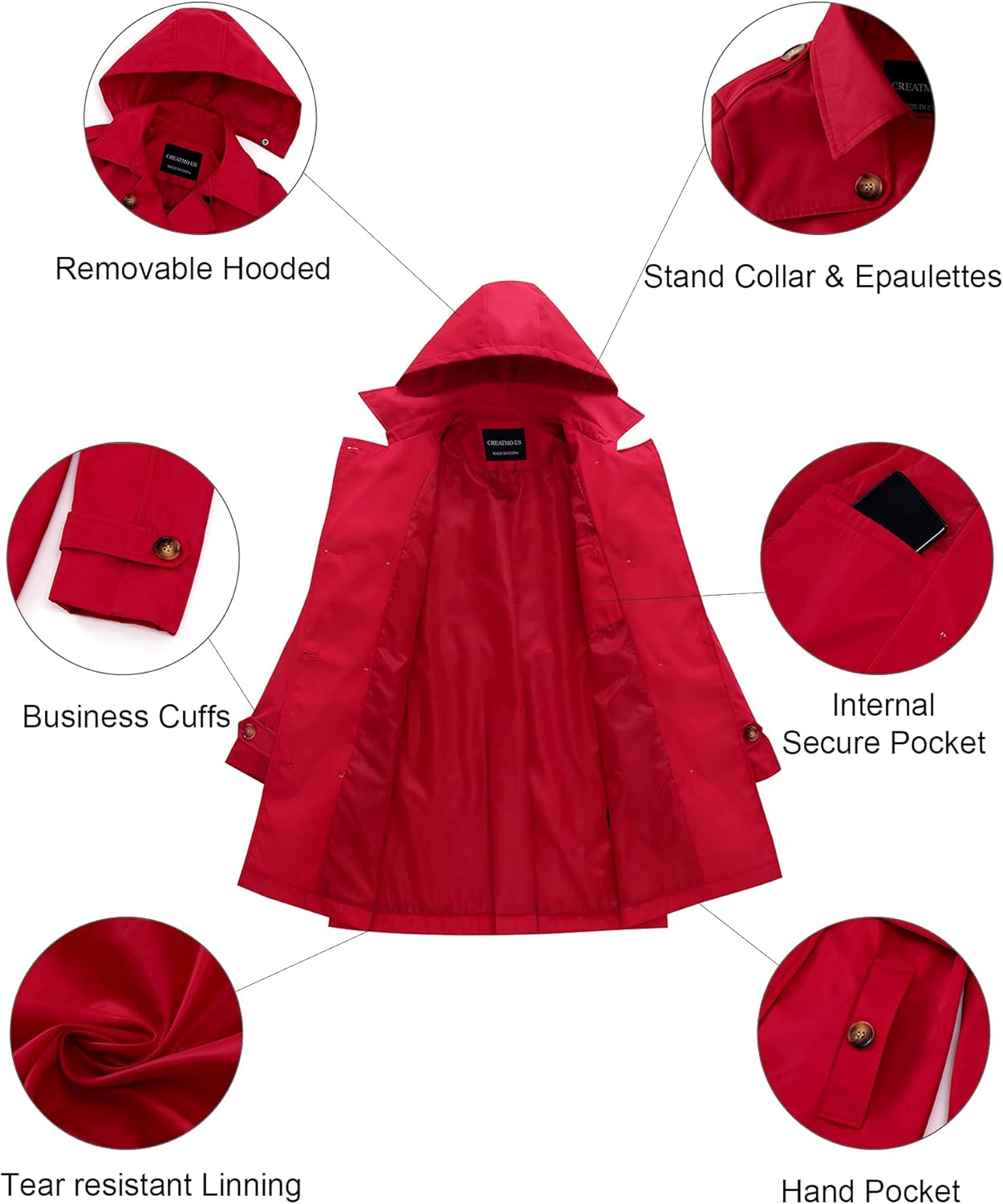 CREATMO US Women's Trench Coat Double-Breasted Classic Lapel Overcoat Belted Slim Outerwear Coat with Detachable Hood - Image 5