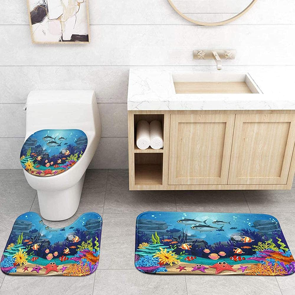 AZHM Set Bagno 4 Pezzi Con Delfini - Tenda, Tappeti E Copriwater, Blu Oceano