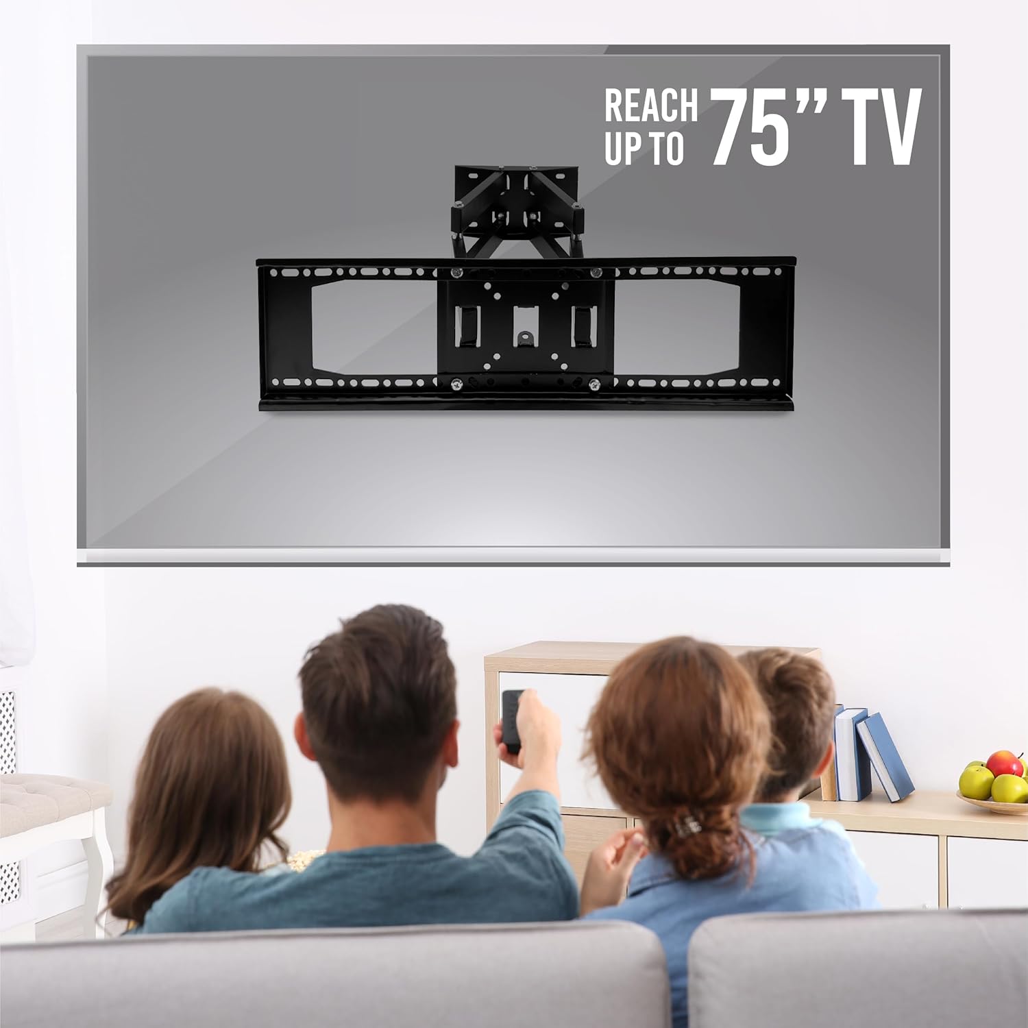 Lifestyle image showing a family watching TV mounted with the TOPTECH full motion mount, indicating compatibility with TVs up to 75 inches.