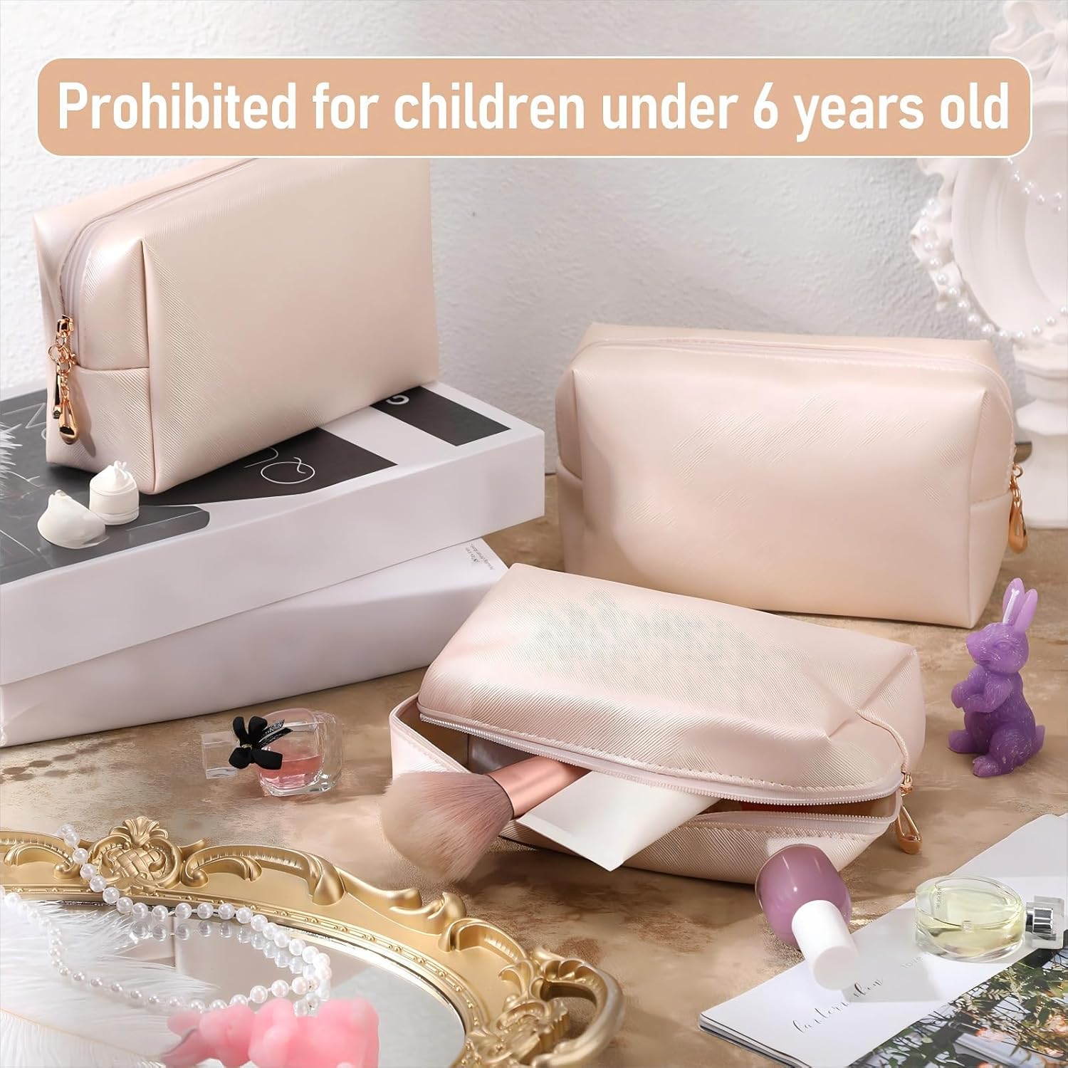 Gerrii 6 Pcs Preppy Patch Makeup Bag PU Leather Cosmetic Pouch Waterproof Cosmetic Pouch with Zipper Portable Travel Toiletry Organizer Bag Makeup Case Gift for Women Friends(White and Gold)