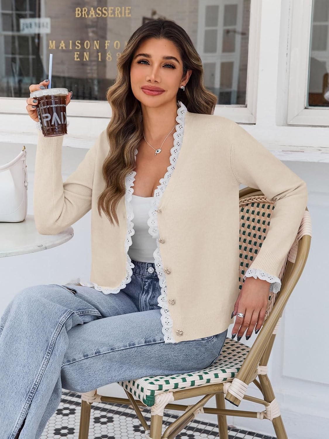 Cicy Bell Womens Lace V Neck Cardigan Sweaters Button Down Long Sleeve Knit Tops Fall Trendy Lightweight Open Front Sweater - Image 5