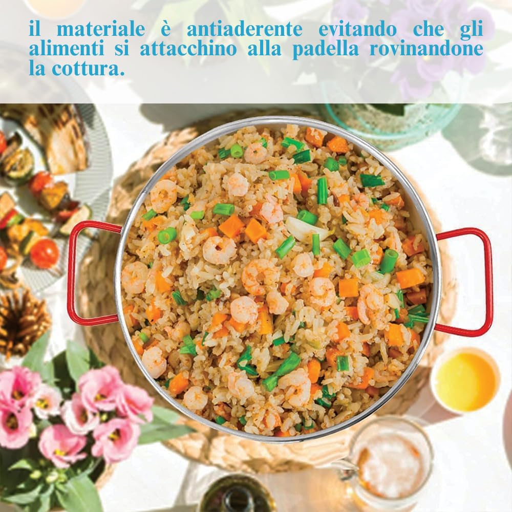PALUPLUS Padella per Paella Valenciana per 12 Porzioni, Diametro 46 cm, Padella in Ferro Lucido, 2 Manici Rossi Verniciati, per cucinare e servire la paella, per Cene ed Eventi -461