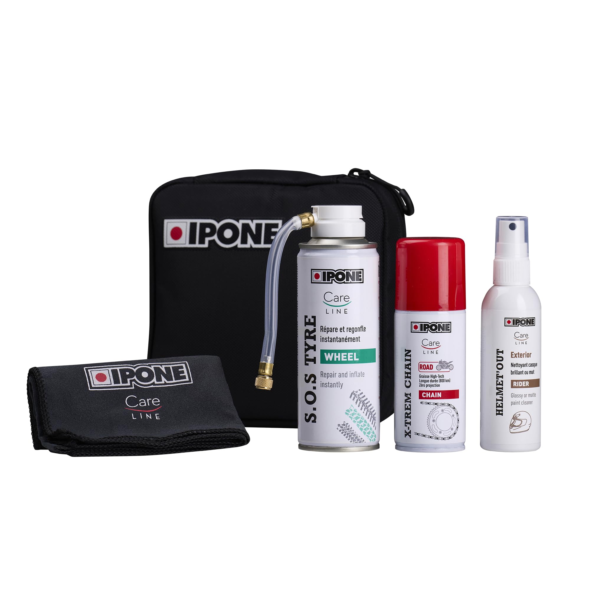 IPONE – Kit Crevaison & Entretien Moto : Bombe Anti-Crevaison, Graisse Chaîne 800 km, Nettoyant Casque + Lingette – Pochette Étanche Compacte Voyage Moto