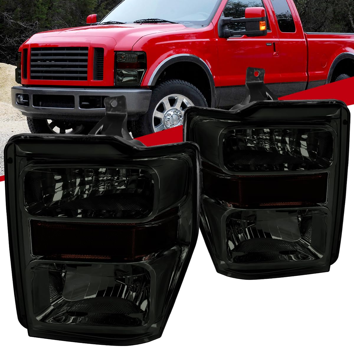 Fits 08-10 Ford F250 F350 F450 Pickup Smoke Lens Headlights Head Lamp Set Left+Right