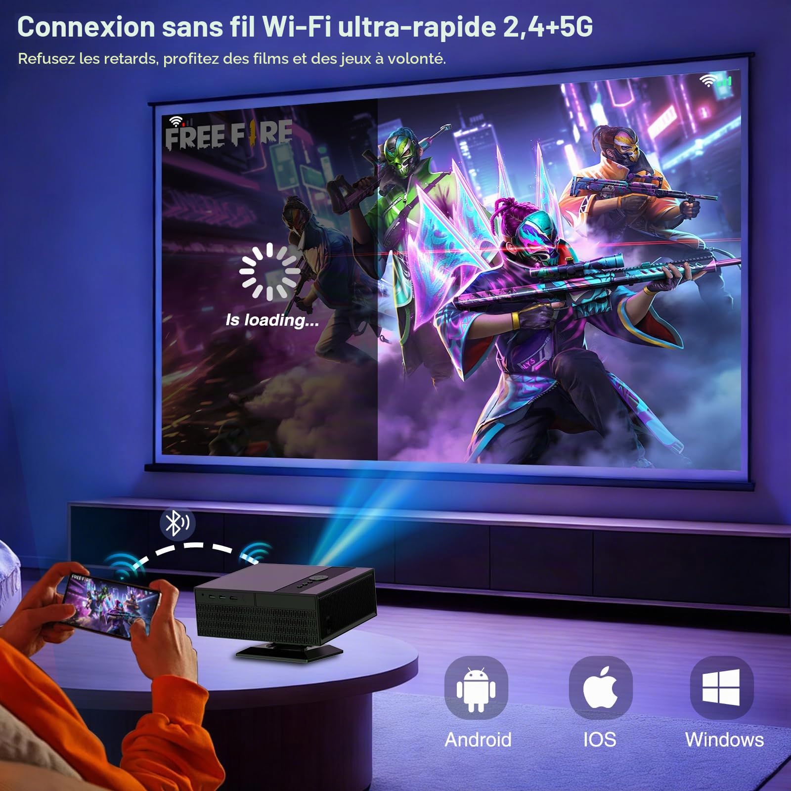 Vidéoprojecteur 4K 8K【Google TV/Auto Focus/Keystone】Mini Projecteur Portable FHD 1080P Courte Focale, Teuyau Mini Rétroprojecteur Portable WiFi6 Bluetooth 5.4 Home Cinema/Plafond/Chambre.