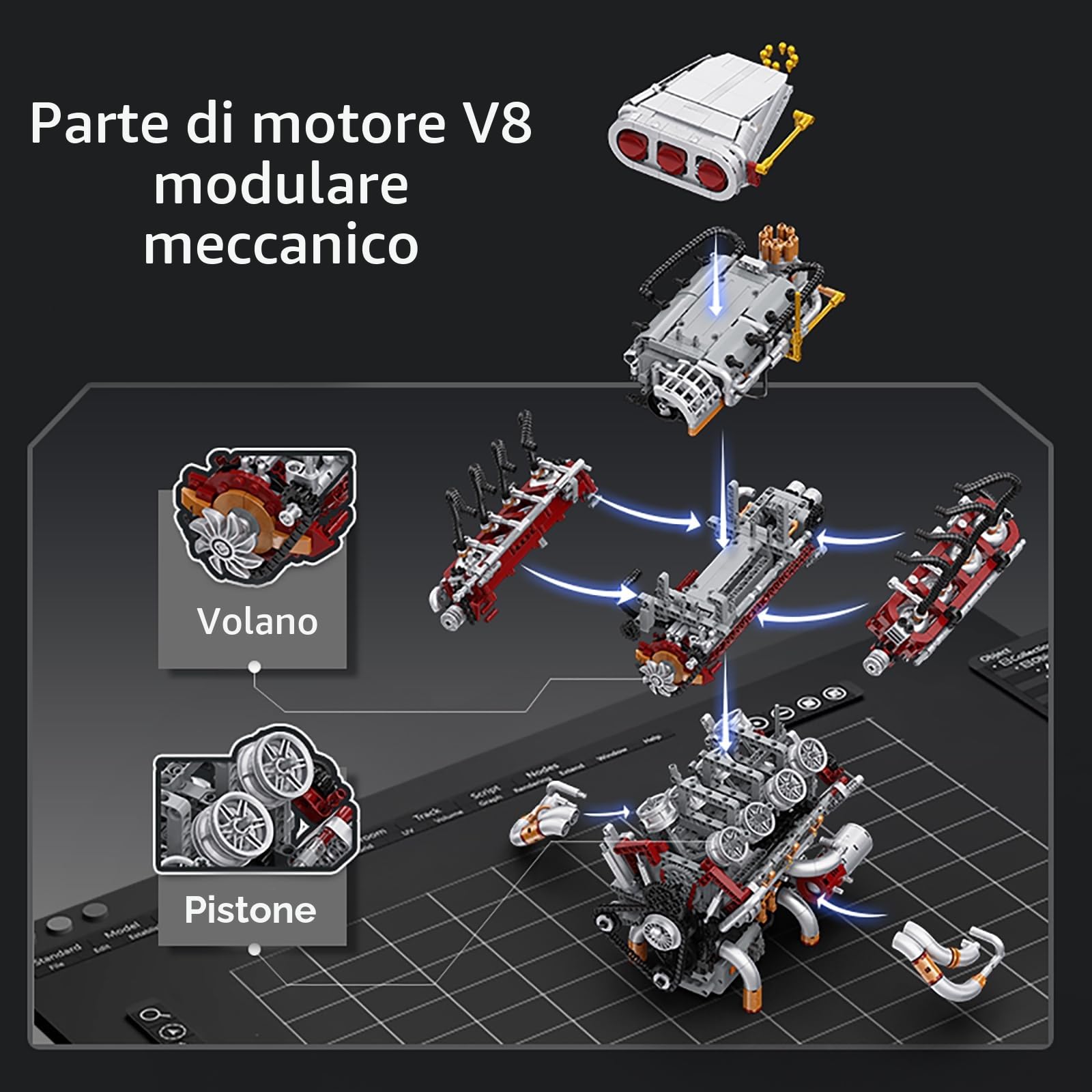 Technik V8 - Kit di montaggio motore per adulti con V8, motore a pistone, MOC fai da te STEM hobby, giocattoli regali per bambini e ragazzi (2347 pezzi)