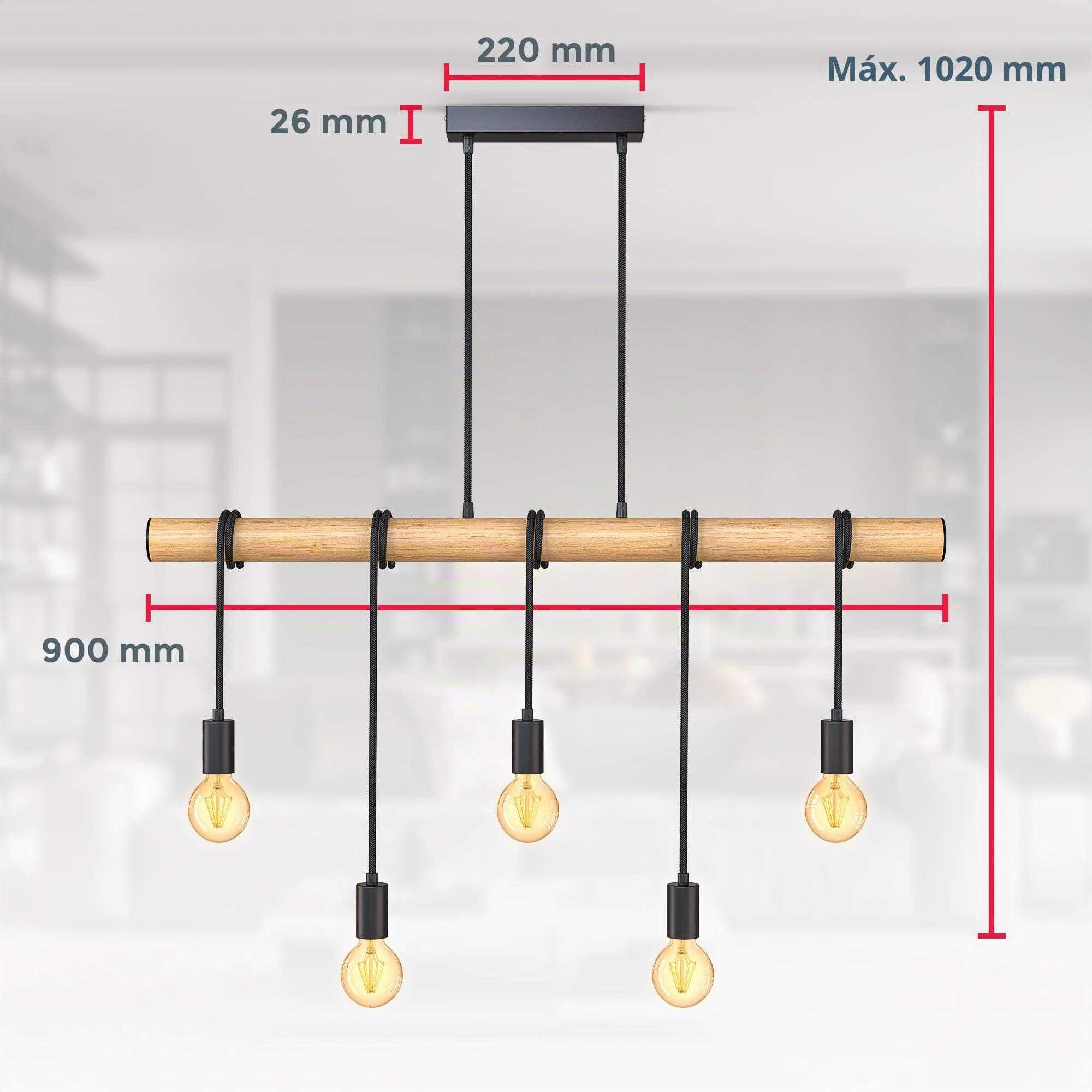 B.K.Licht 5 llama lámpara colgante I metal y madera I E27 I negro mate I lámpara colgante vintage I retro I sin bombilla