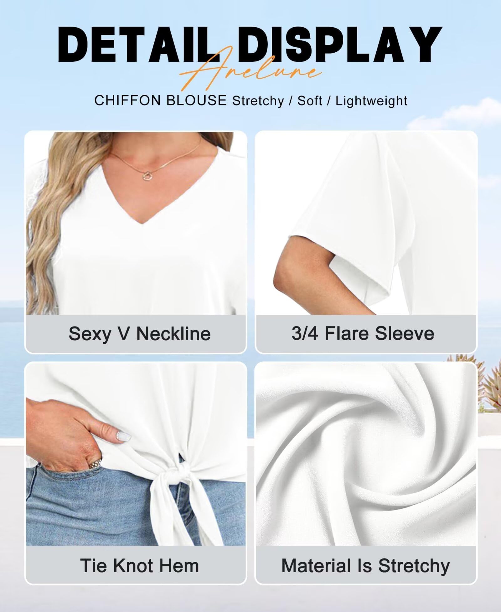 Bluse Damen Sommer Chiffon Tunika Tops Kurzarm Elegant Oberteile V-Ausschnitt Loose Casual Tie Front Trompetenärmel T Shirts S-2XL