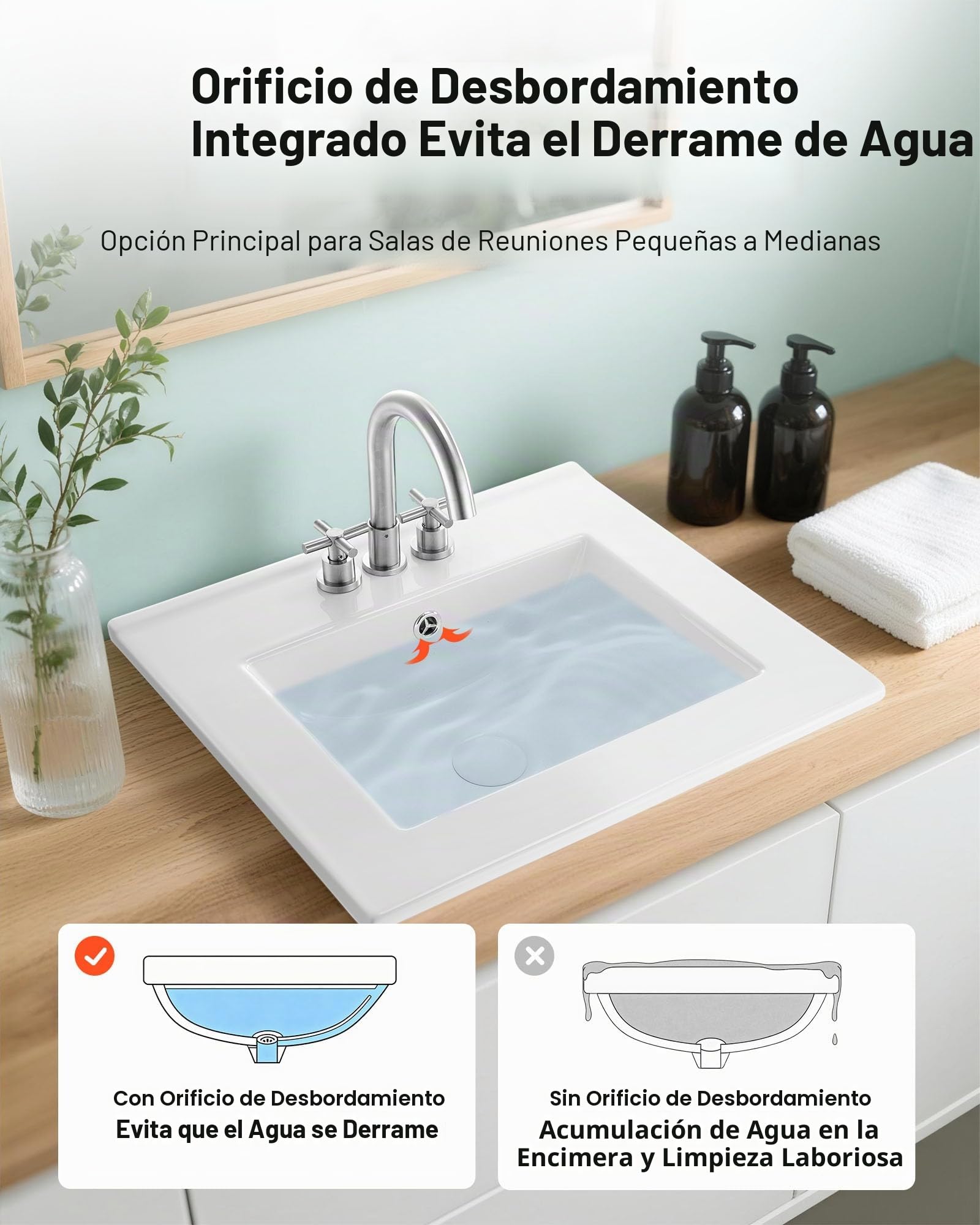 VEVOR Lavabo Semiencastrado Rectangular, 510 x 465 x 170 mm, Sobre Encimera con Rebosadero y 3 Orificios para Grifo, Moderno Lavabo Empotrado para Espacios Pequeños, Cocina y Baño, Color Blanco