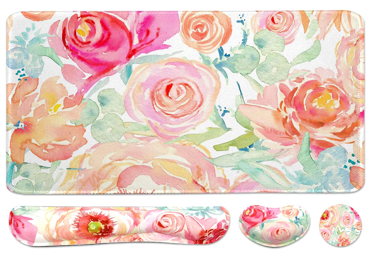 Grand tapis de souris étendu + repose-poignet pour clavier, tapis de bureau ergonomique en mousse à mémoire de forme pour taper facilement, 90 x 40 cm – Motif fleurs