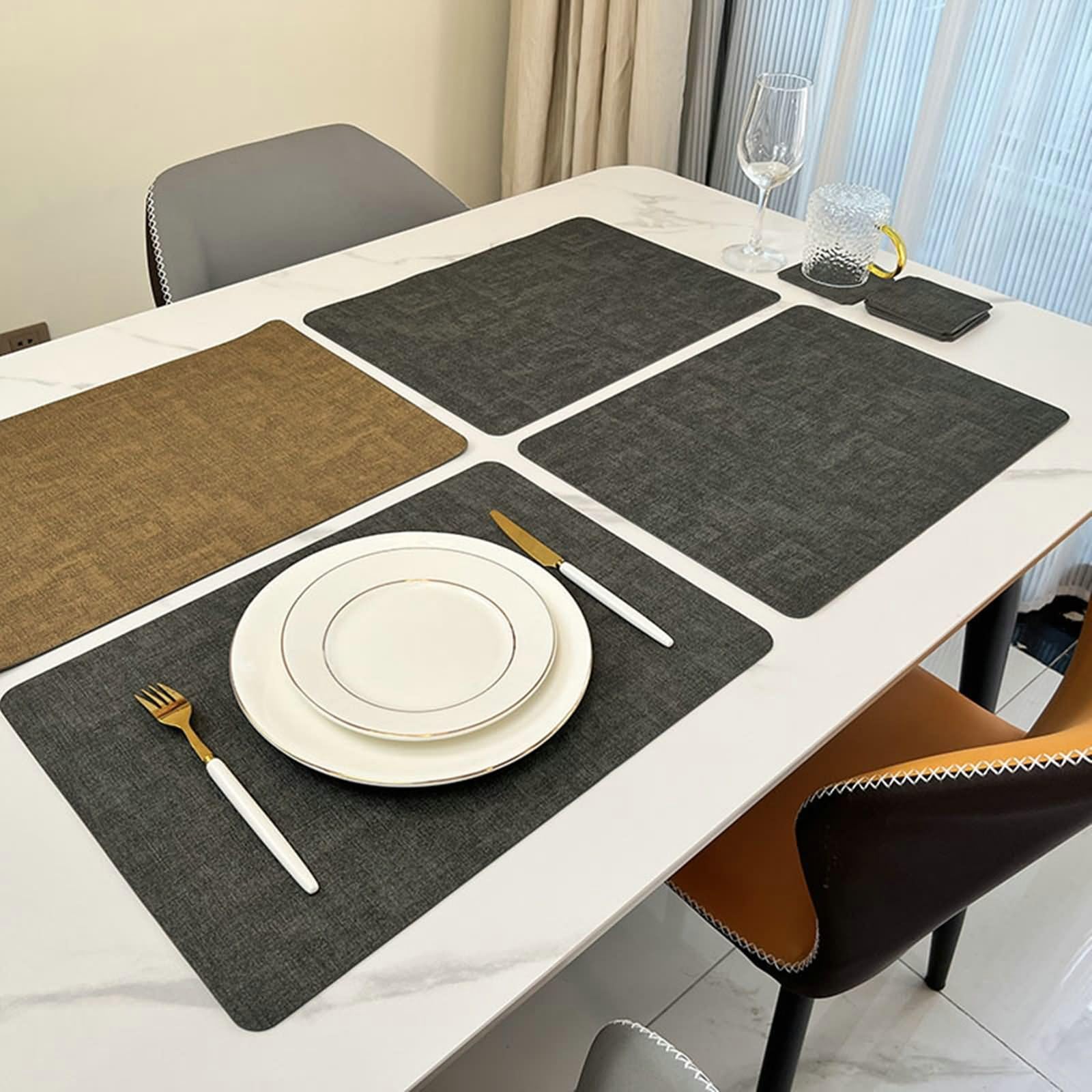 4er Set Tischmatte für Couchtisch, Table Mat Leather 30x43cm Zweifarbiges Rechteck Dunkelgrau Braun