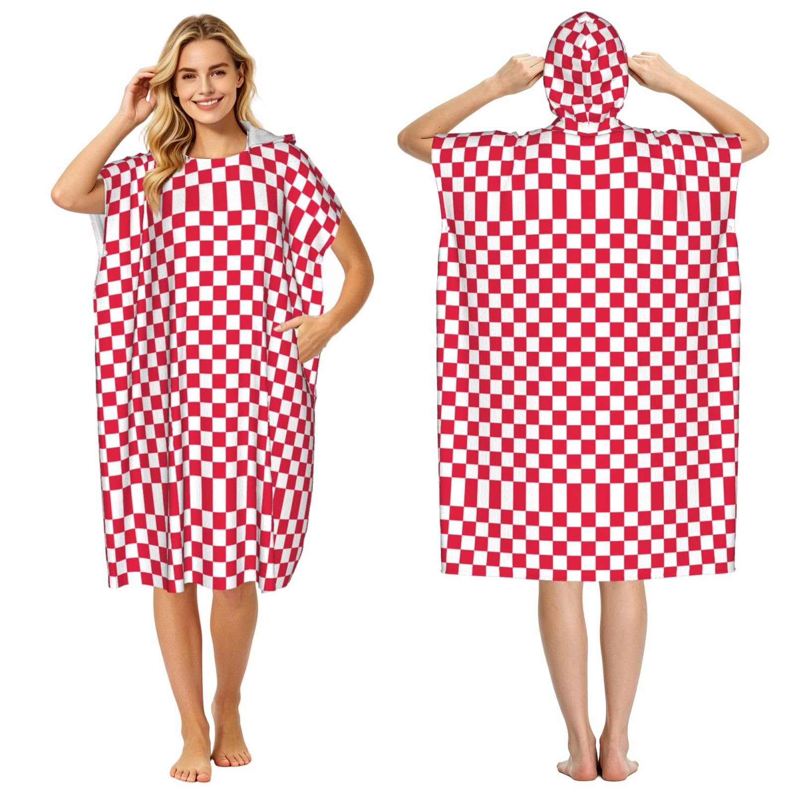 Poncho à capuche absorbant microfibre motif rouge blanc adulte homme femme