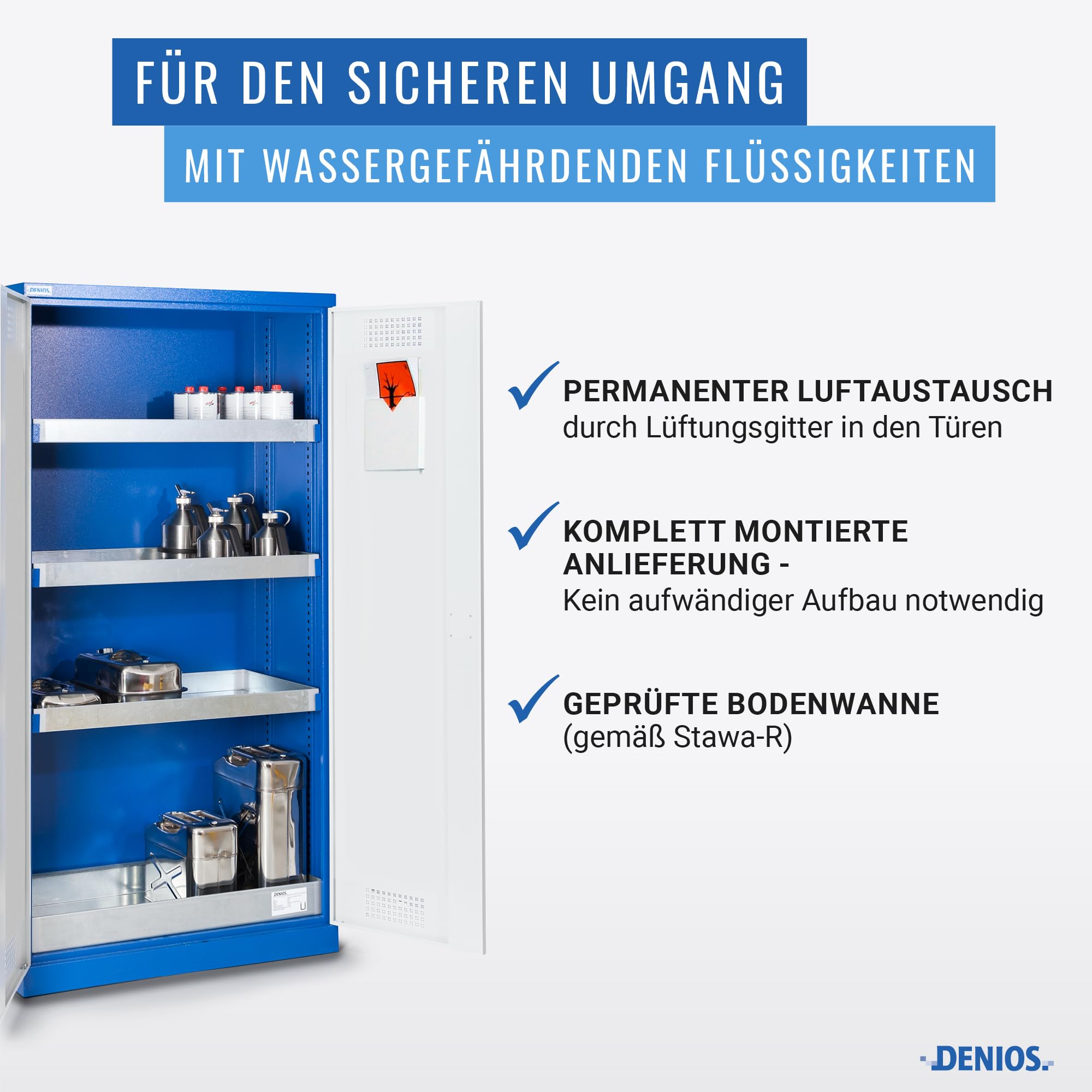 DENIOS Chemikalienschrank Protect CS 104, mit Flügeltüren, incl. Bodenwanne und 3 Auffangwannen