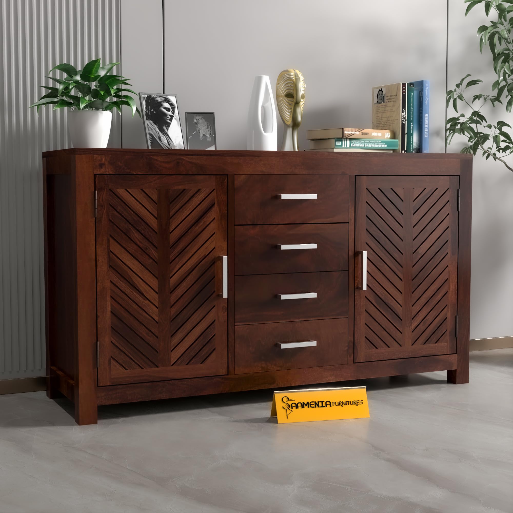 Solid Sheesham Wood Sideboard Cabinet with 4 Drawers & 2 Doors | Rosewood Storage Cabinet for Living Room, Dining Room & Office (Walnut Finish)-image-3