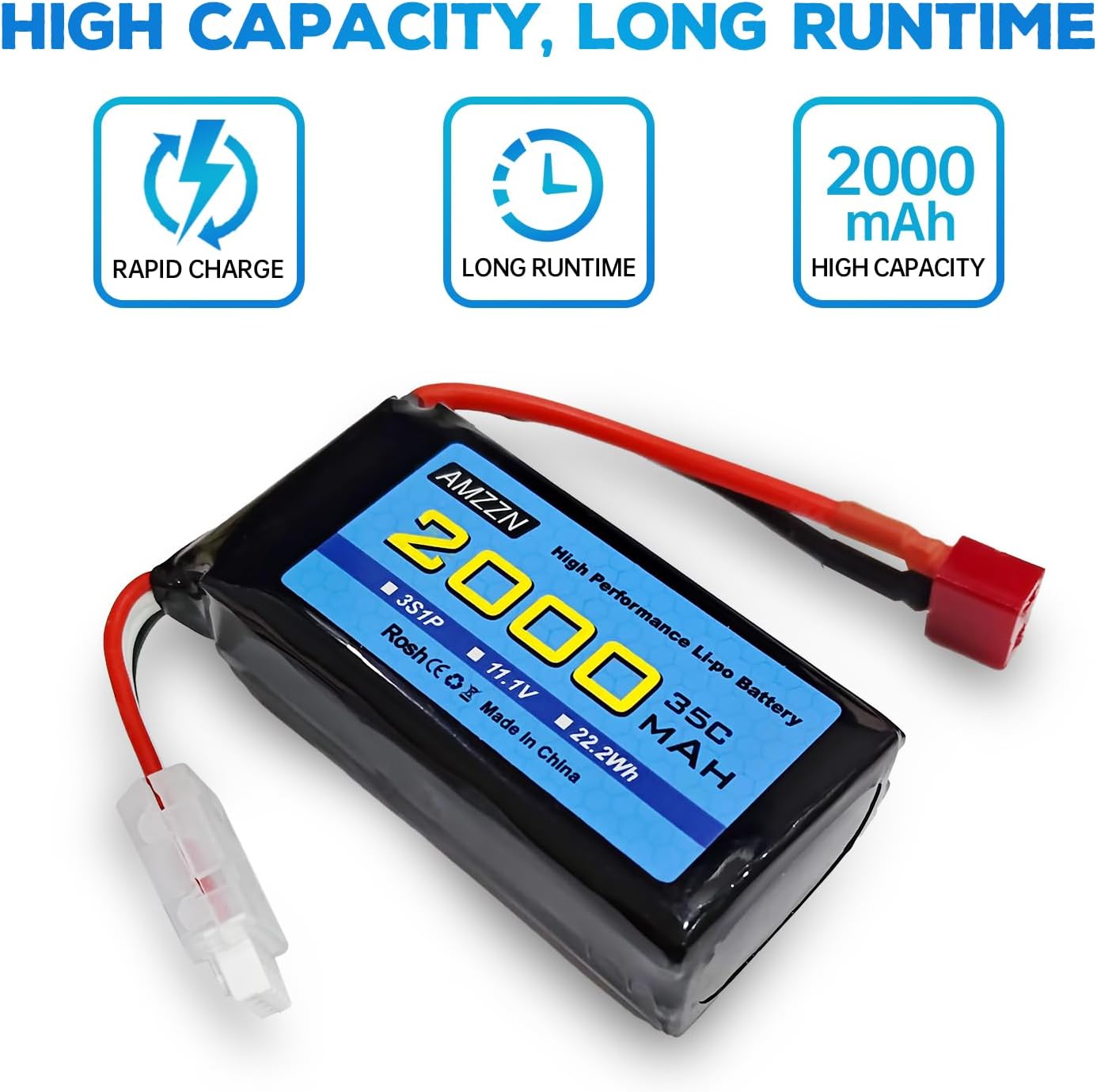 3S Lipo Battery 11.1V 2000mAh 35C with T-Plug and USB Charging Cable for RC Cars,Trucks,RC Ships,RC Drones,Quadcopters,FPV UAV Batteries (1PCS Battery+1 USB)