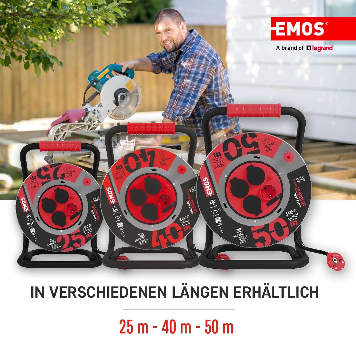 EMOS Avvolgicavo per esterni, in lamiera d'acciaio, 25 m, cavo in gomma H07RN, 1,5 mm2 (neoprene) con 4 prese Schuko, IP44, impermeabile, per esterni, industria, cantieri