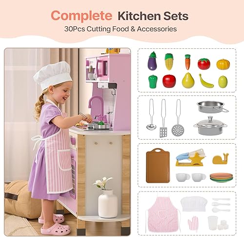 Miniatura 3 de BIERUM Juego de cocina, juego de cocina de madera para niños pequeños con luces y sonidos reales, juguetes de cocina de altura ajustable con 30