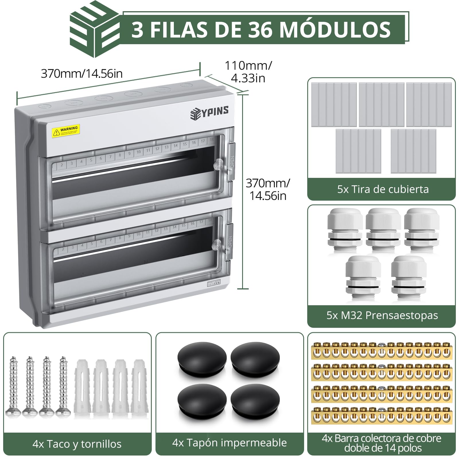 EYPINS Caja Estanca Exterior Electrica 2 Filas 36 Módulos, Caja de Distribución de Superficie de Apertura Horizontal,Carcasa Aleación de PC, IP66 Impermeable y Antipolvo para Taller Jardín Obra