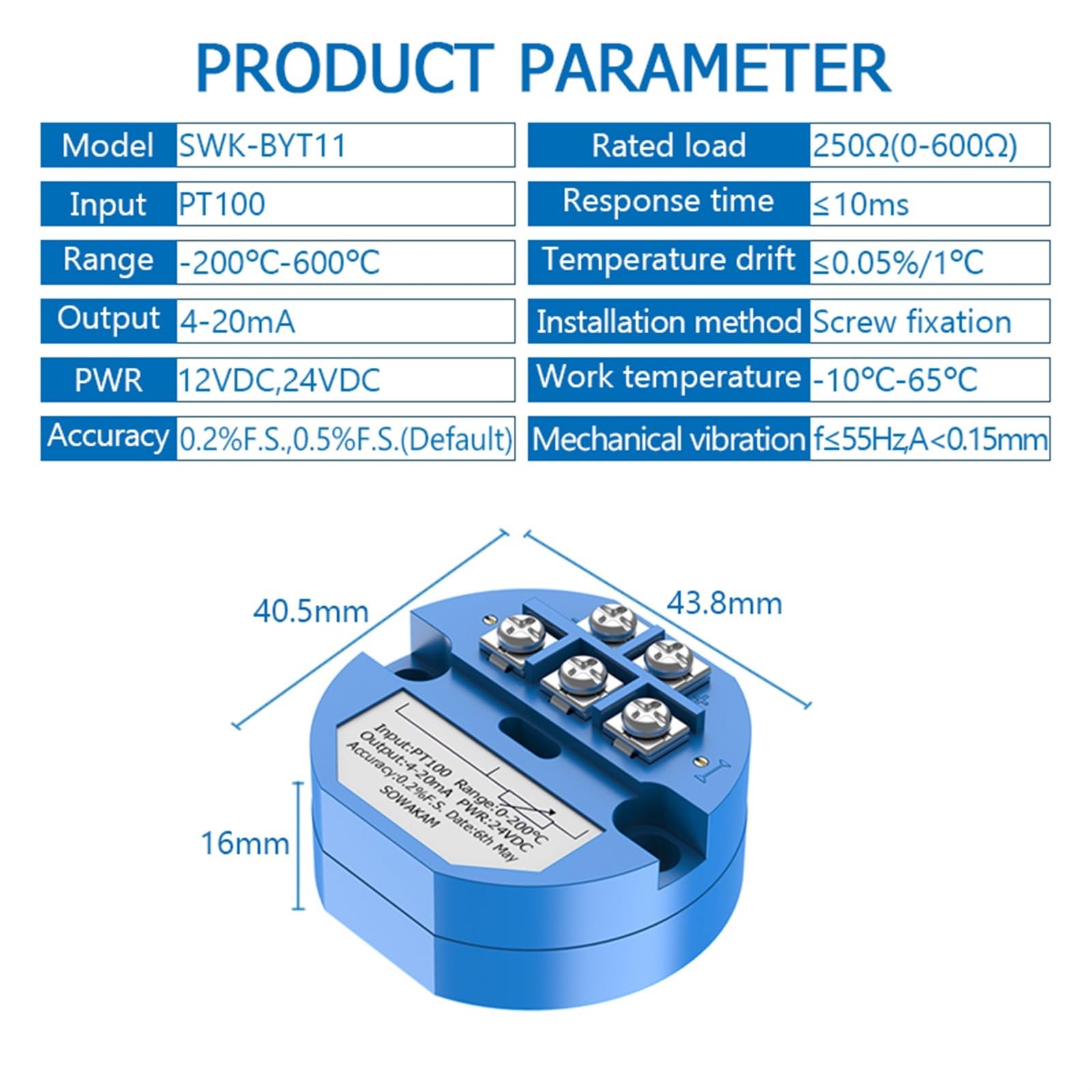 Trasmettitore di Temperatura -200-600℃ Rilevamento Temperatura Uscita 4-20 mA Sensore di Temperatura RTD PT100 (Color : 0-250C 24VDC)