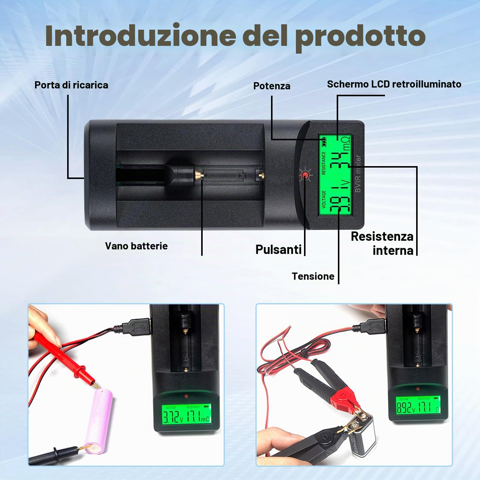 DEWIN Tester di resistenza interna della batteria,Tester di tensione e resistenza interna per batterie al litio Tester Batteria Applicabile a batterie al litio, al piombo, al carbone,ecc.