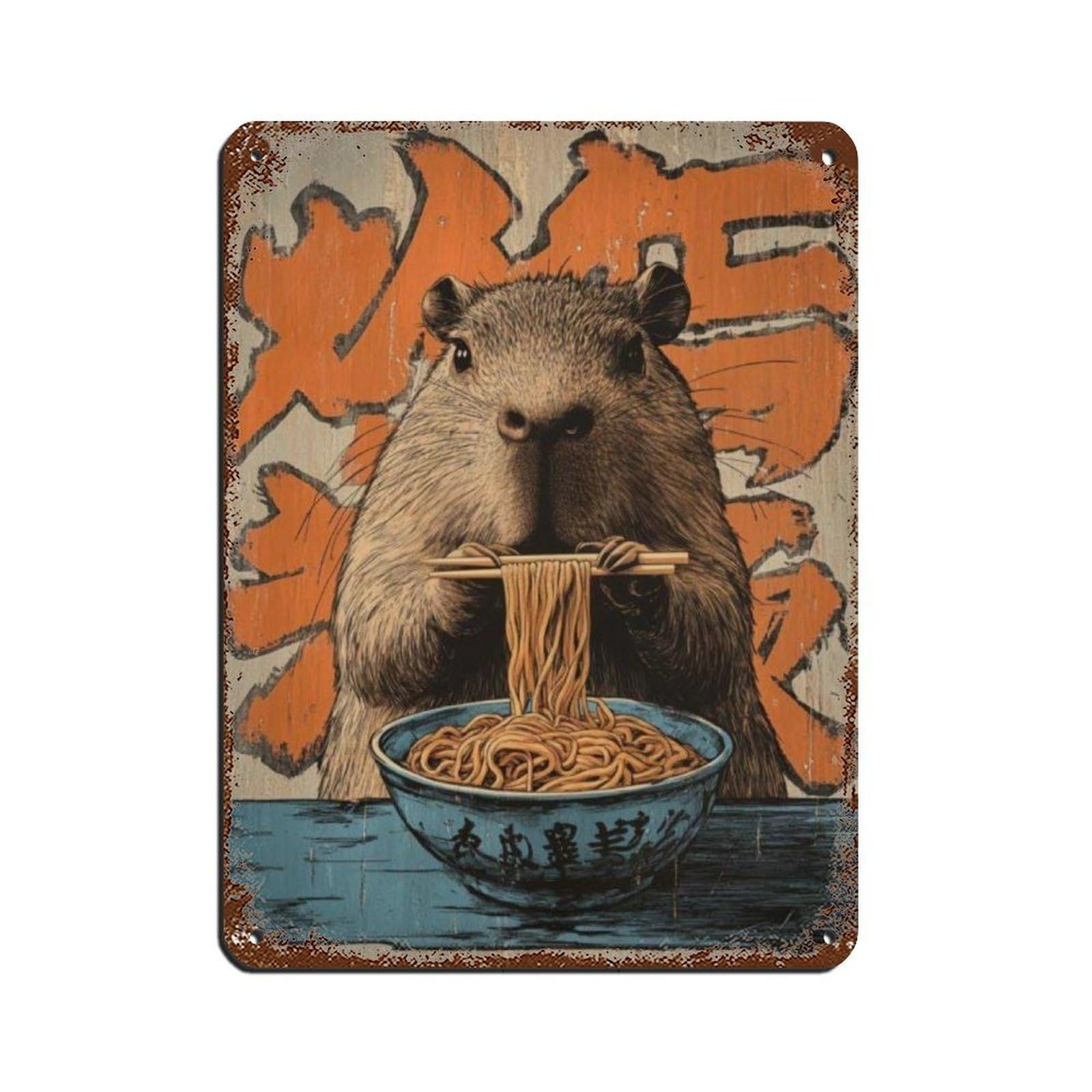 Cute Capybara Ramen Poster, Tin Sign Vintage Metal Pub Club Cafe Bar Home Wall Art Decoration Poster Retro 12x16inch(30x40cm)