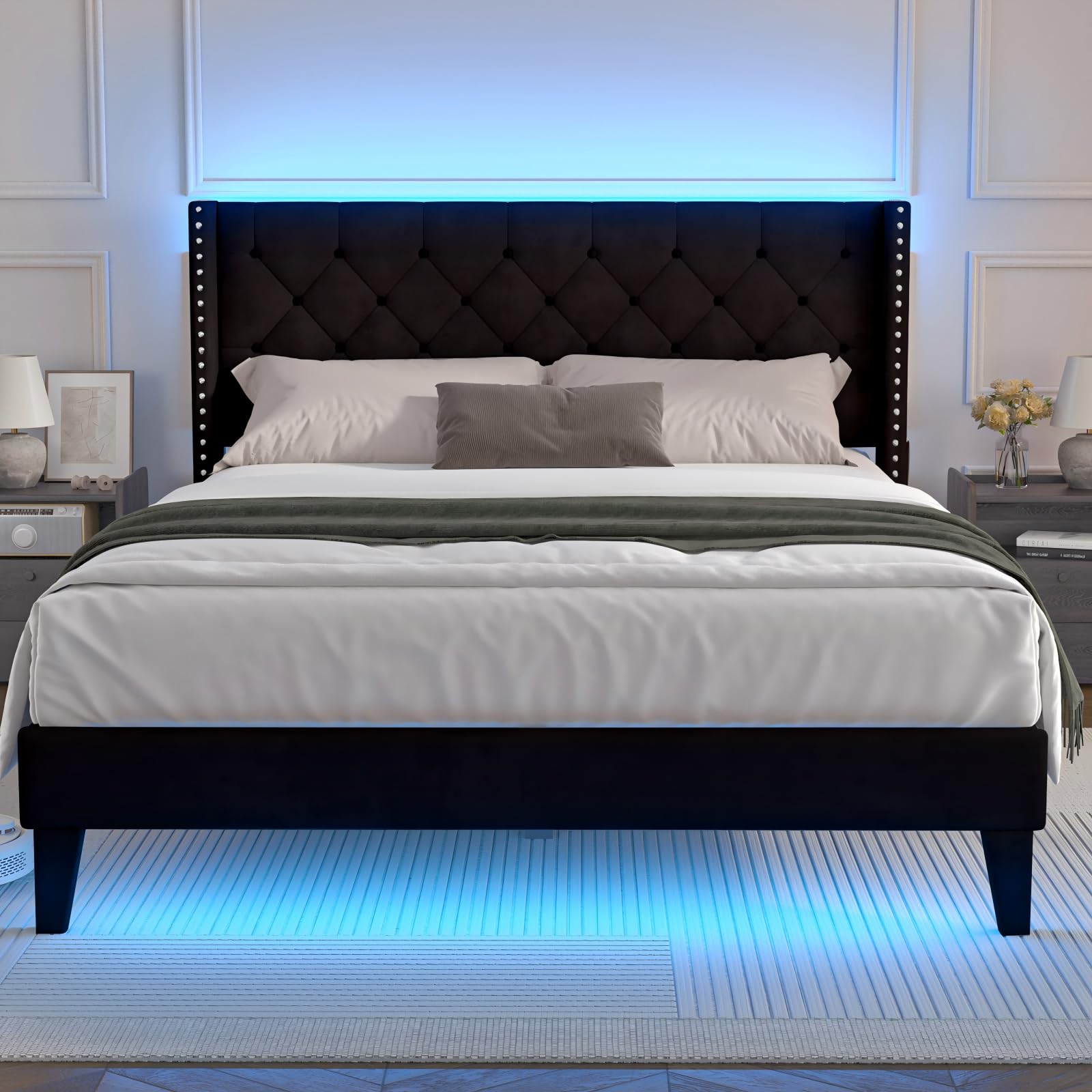 Lihimte Queen Size Bed Frame with Led Lights, Upholstered Velvet Platform Bed Frames with Button Tufted Wingback Headboard and Footboard, Wooden Slats