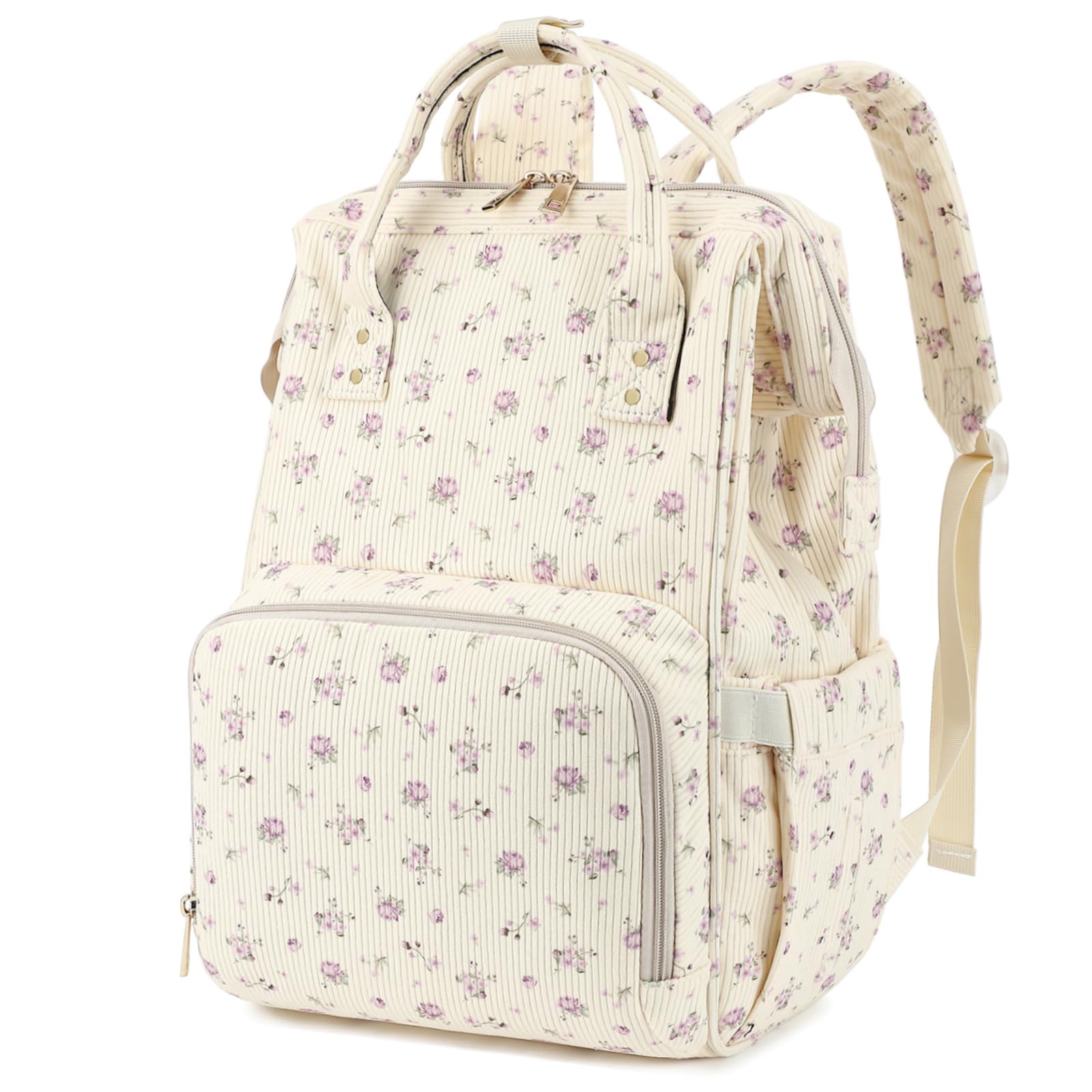 Yusudan Corduroy Diaper Bag Backpack for Baby Girls Boys, Women Large Nappy Bags for Mom (Beige Corduroy Flowers Purple)