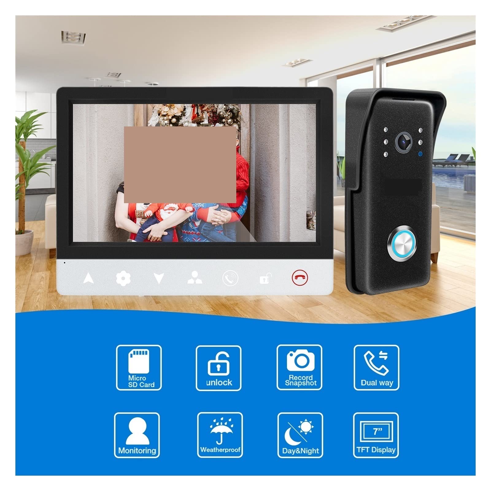 Videocitofono, di videocitofono cablato TFT da 7 Pollici con Supporto Telecamera 1000TVL Registrazione/Istantanea Campanello Supporto Solo 1 Monitor(Built-in power-64G)