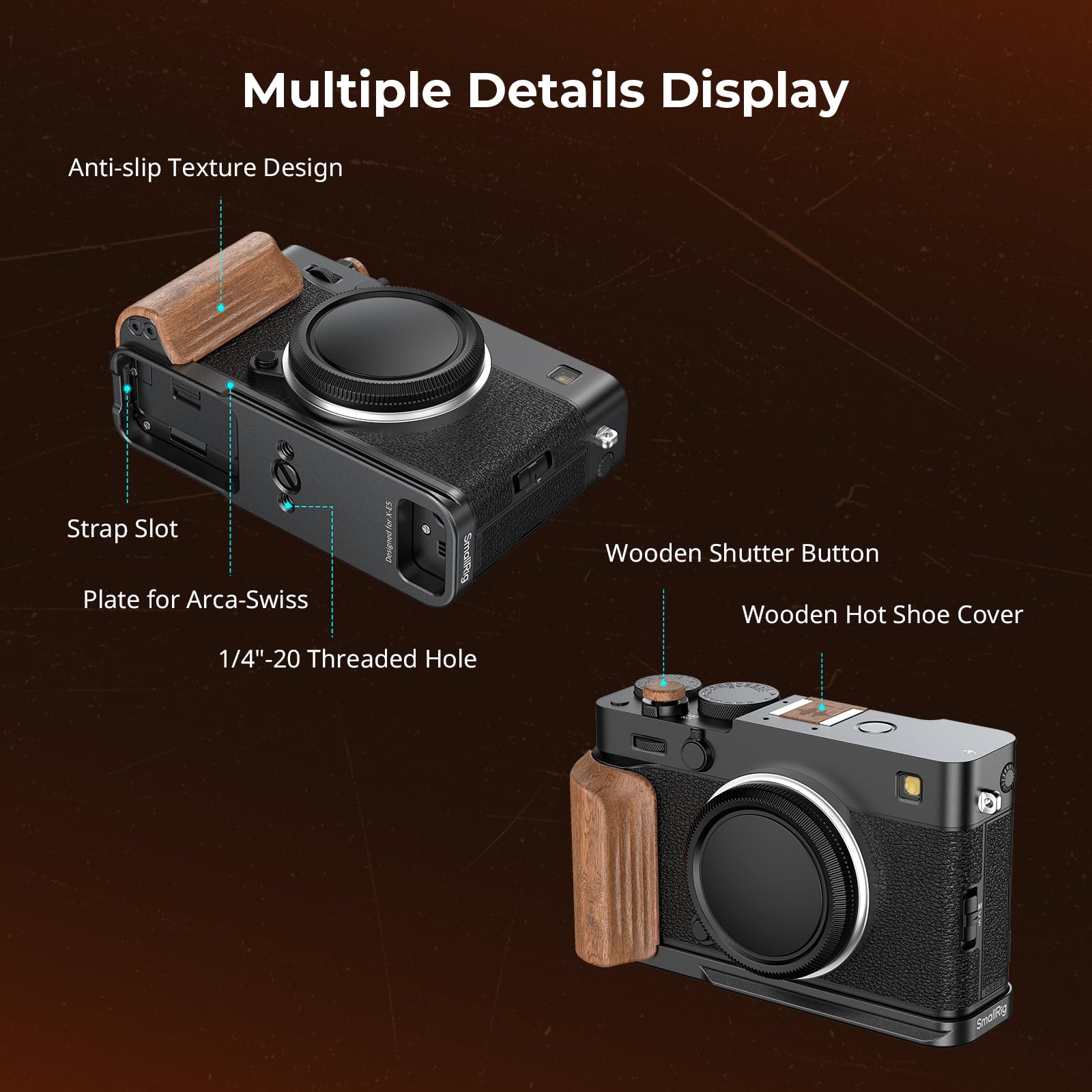 SMALLRIG Płyta montażowa w kształcie litery L z drewnianym uchwytem do FUJIFILM X-E5 (czarna) 5985