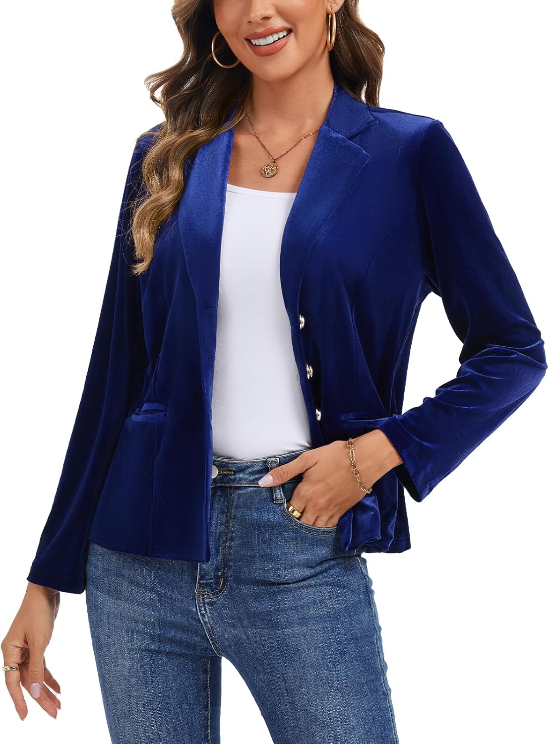 MINTLIMIT Womens Velvet Blazers Button Front Long Sleeve Jacket Coat Casual Blazer Suit Cardigan Formal Work Office,S,Royal Blue