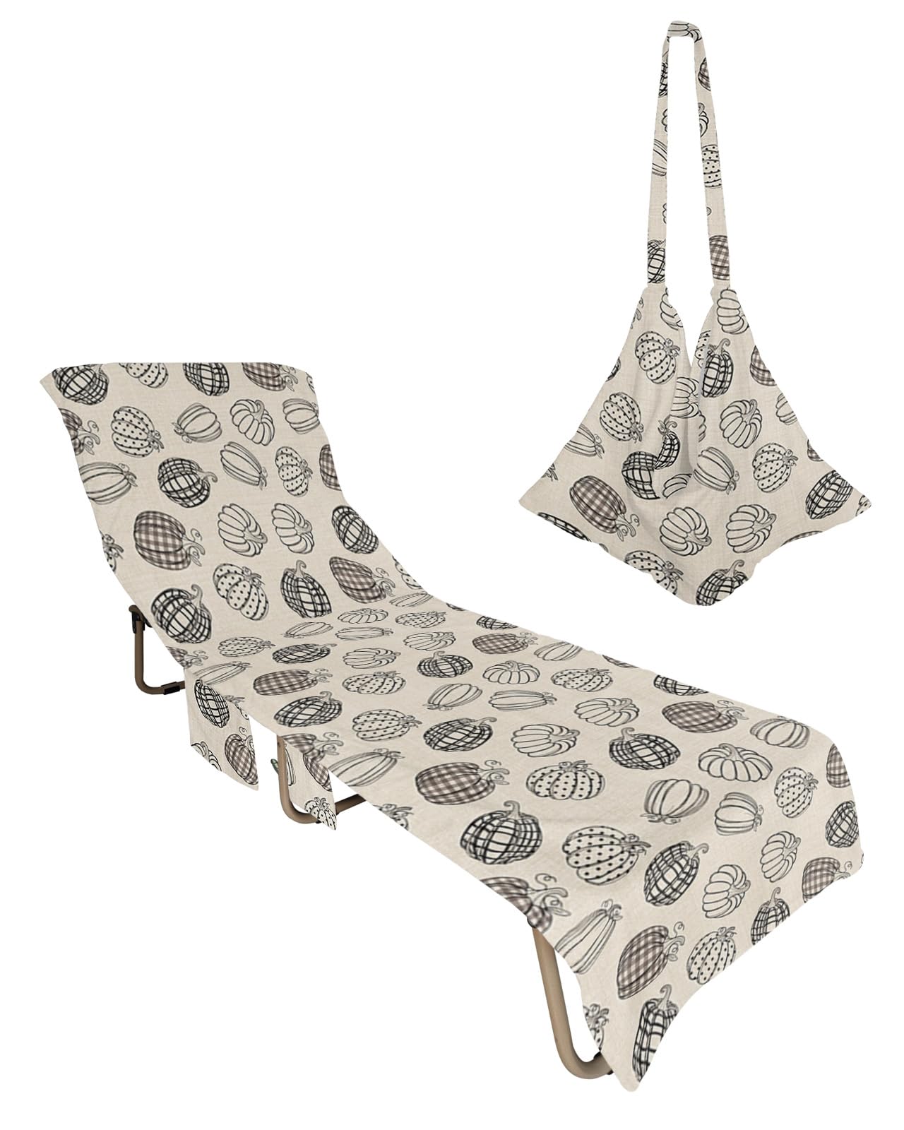 Thanksgiving Bohemia, Beach Lounge Chair Towel Cover, Soft Chaise Lounge Towel with Side Pockets Patio Pool Chairs Cover for Beach/Pool Sunbathing 29x85 Autumn Black Dot Plaid Pumpkins