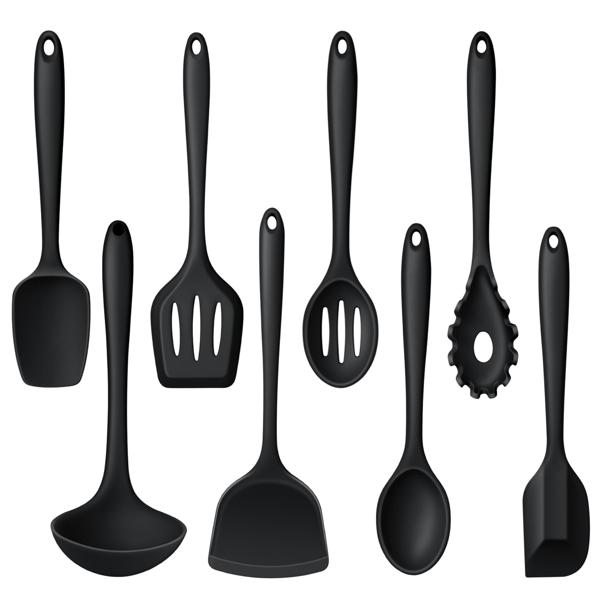 LIANYU Juego de 8 utensilios de cocina resistentes al calor, juego de espátulas de silicona antiadherentes con espátula, cucharón, volteador, cuchara, apto para lavavajillas, color negro