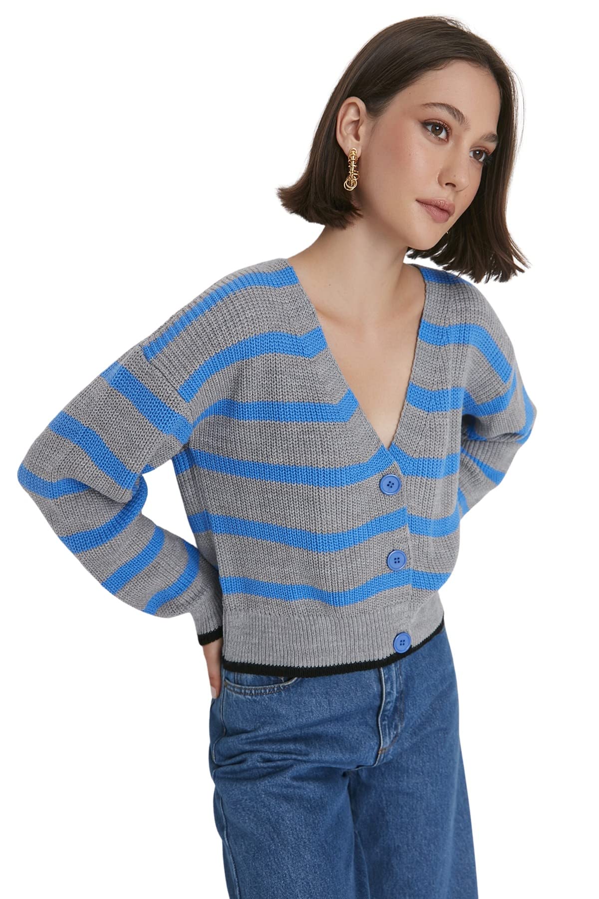 Trendyol Women Regular Basic V Neck Knitwear Cardigan Gray