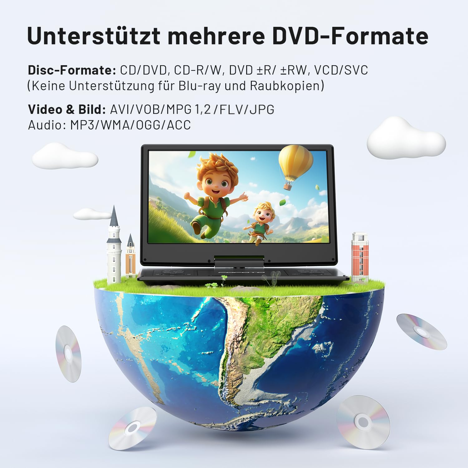 POFOTO 15,7" Tragbarer DVD-Player mit 14,1" HD-Schwenkdisplay, 6h Akkulaufzeit, Zonenfrei, Unterstützt Mehrere Formate/SD/USB, TV/Beamer-Anschluss, Stereo-Lautsprecher, Speicherfunktion, Schwarz