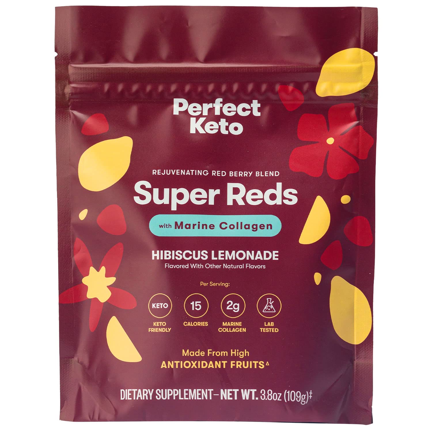 Perfect Keto Super Reds Superfood Powder, Antioxidants Supplement with Fruit & Vegetable Powder, Polyphenols & Marine Collagen, Drink Mix for Skin & Energy Support, Hibiscus Lemonade, 20 Servings