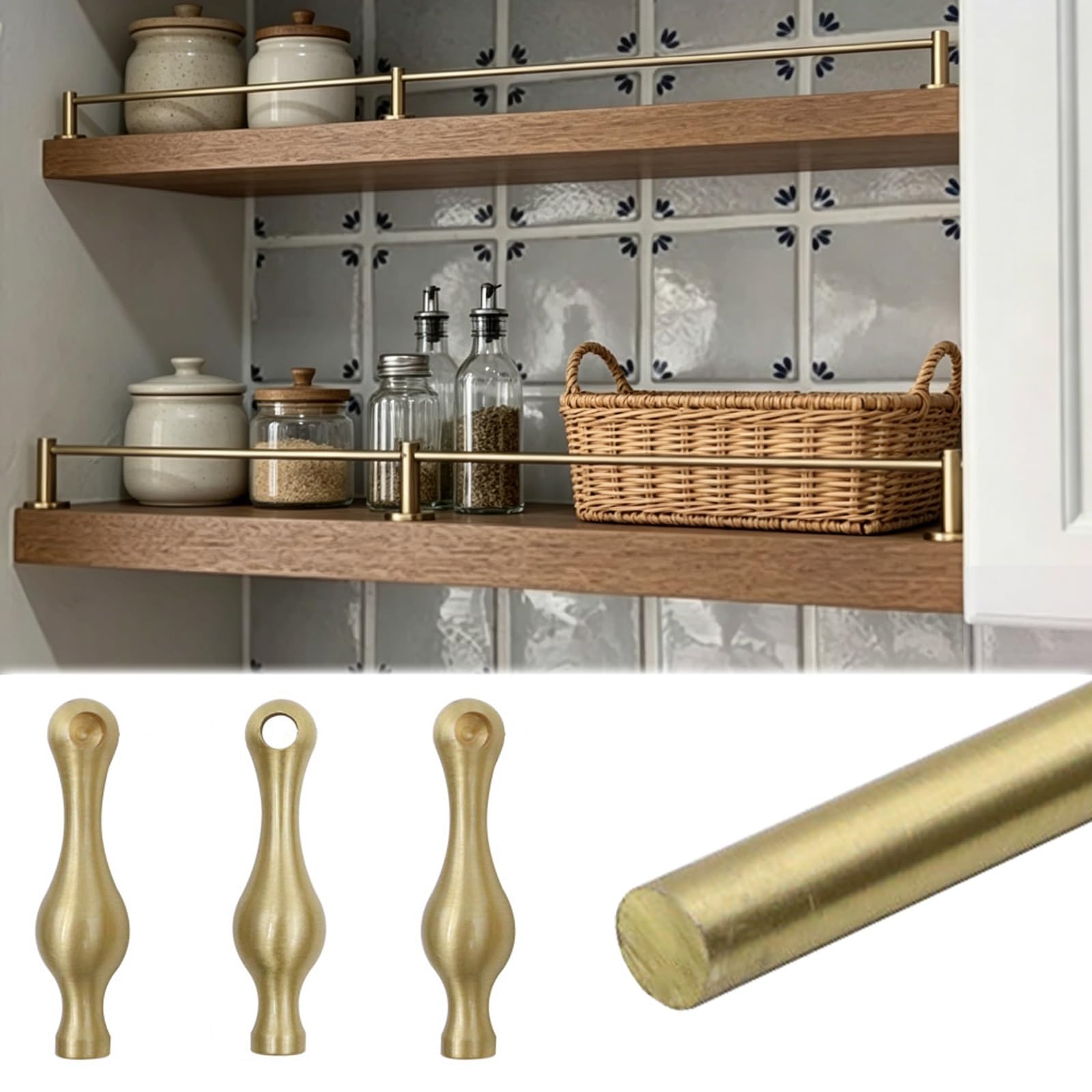 ERRULAN Brass Shelf Rails for Shelves, Round Tube Barrier Decorative Rod Guard Fence, Minimalist Gallery Railing Enclosure, Protects Against Falls(Style A,32in/81.3cm)